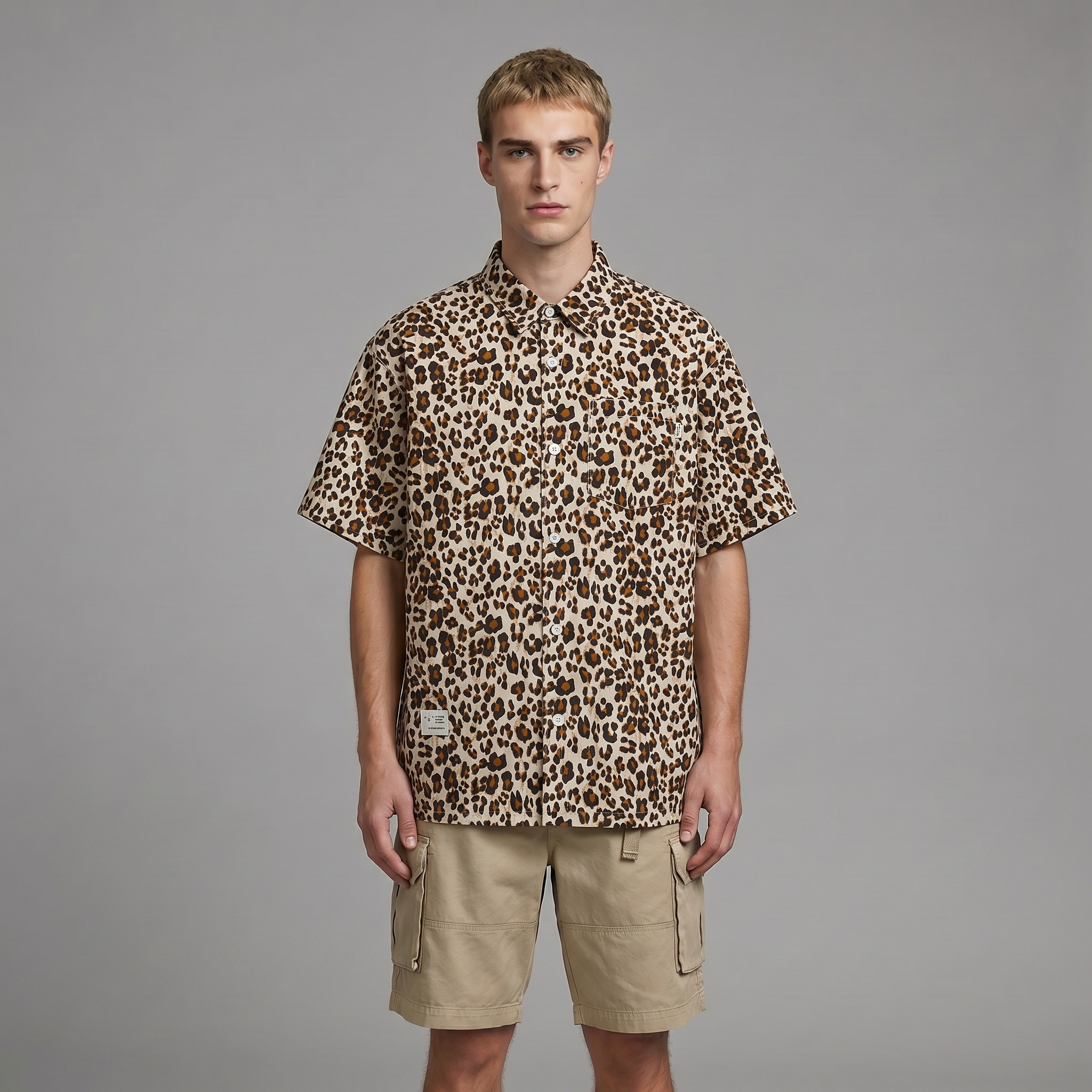 Men's Cuban Collar Leopard Print Short Sleeve Shirt 