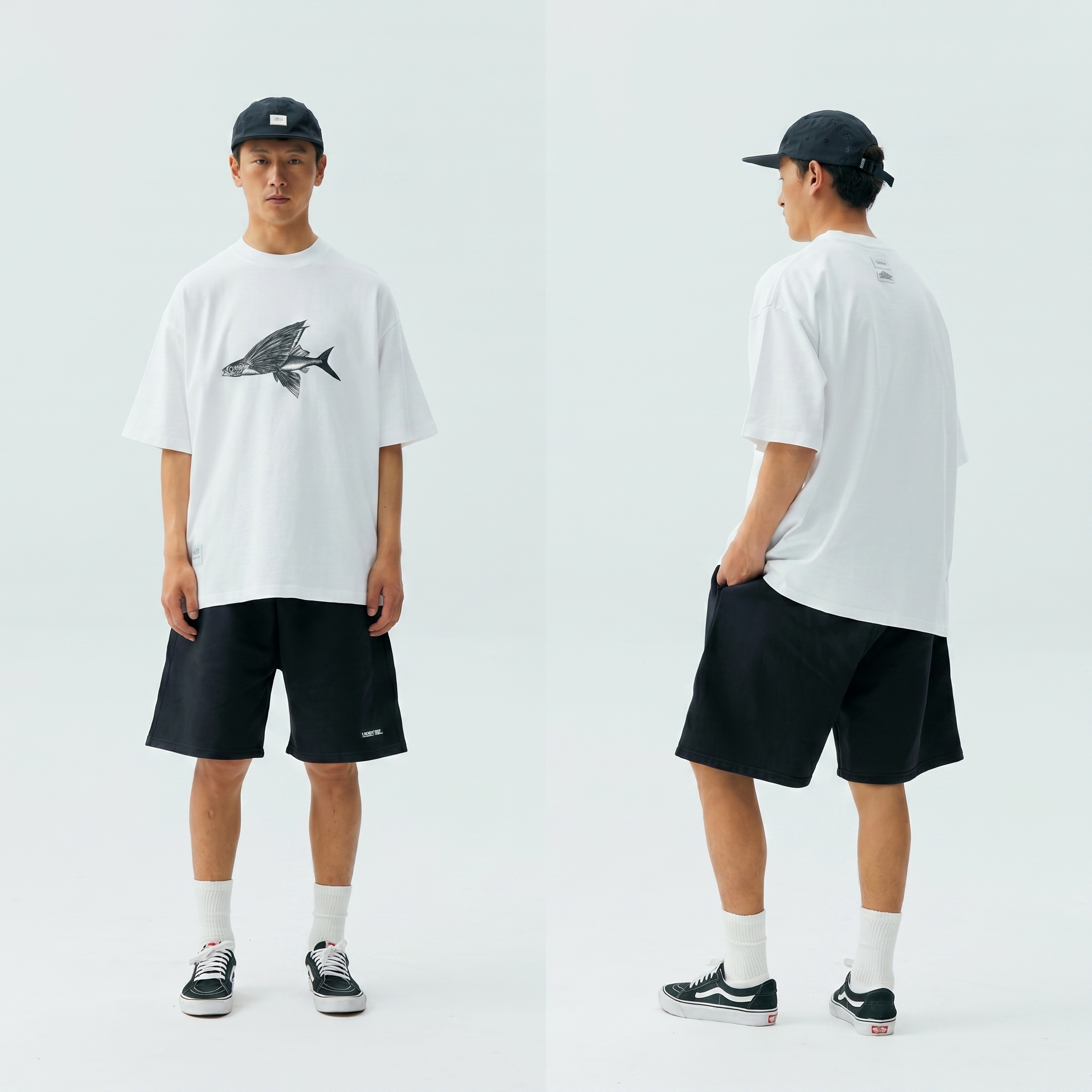 Men's Flying Fish Embroidered Crewneck Short Sleeve Tee - Heavyweight Cotton T-shirt