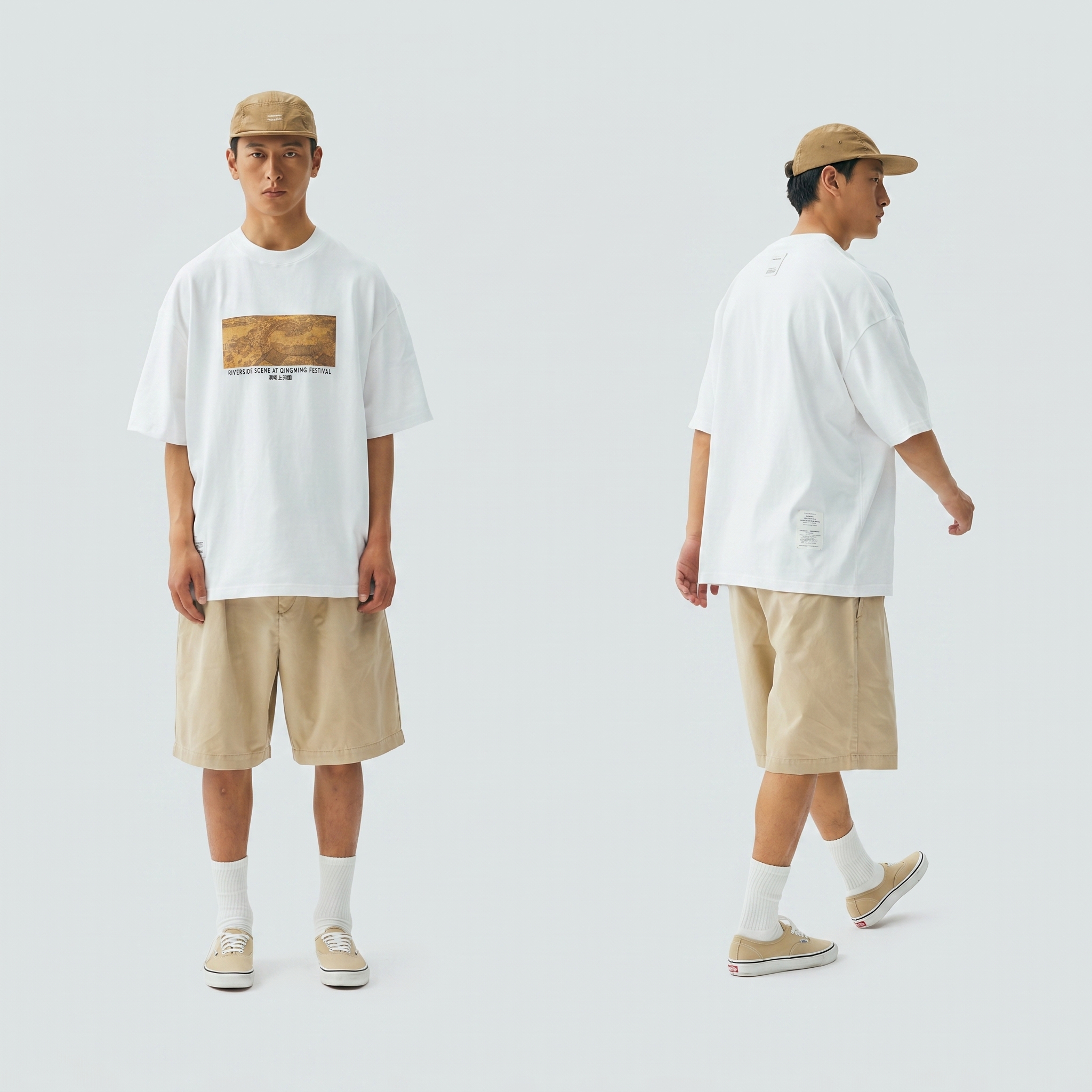 Men's Qingming Riverside Scene Graphic T-shirt - Mid-Weight Cotton 