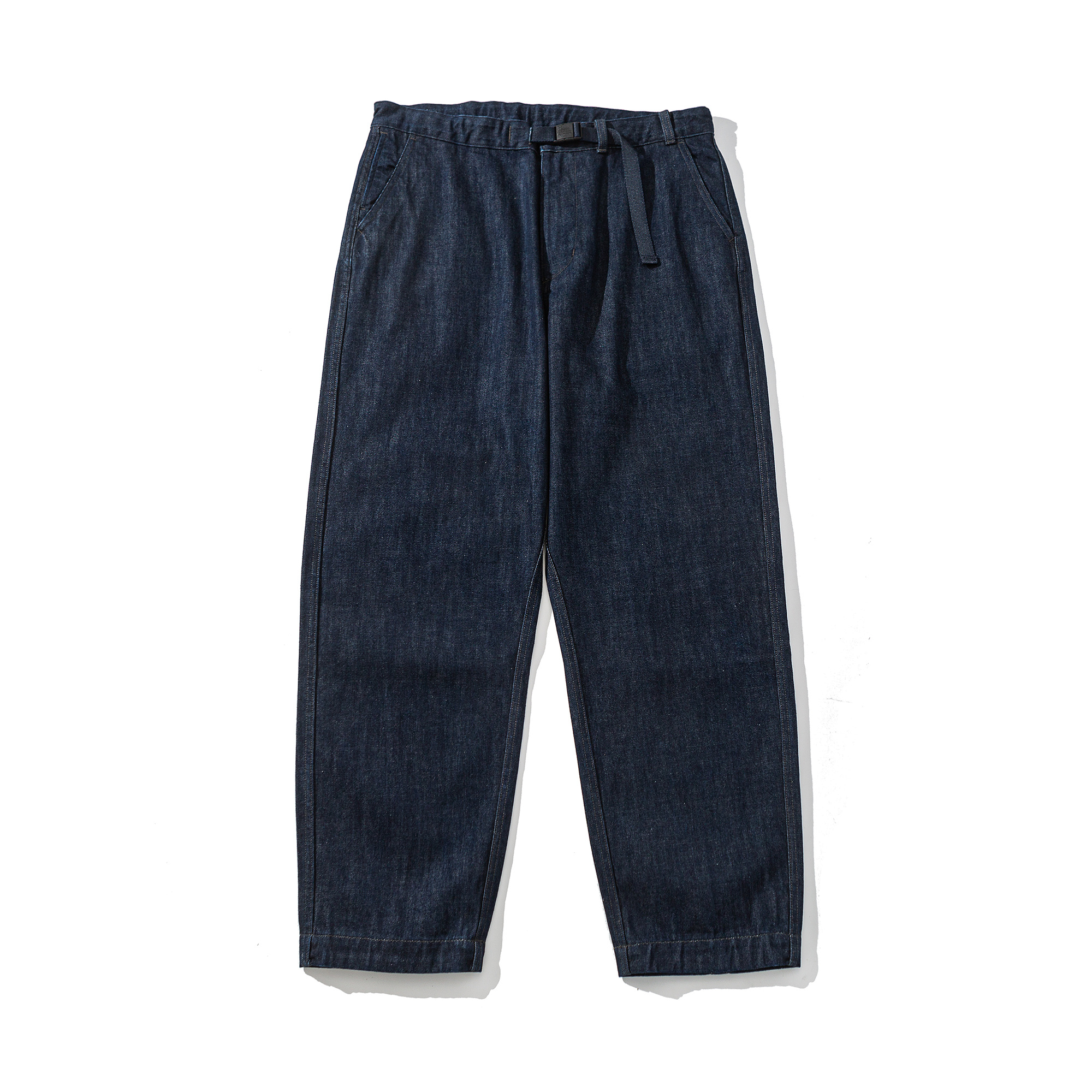 Tapered Buckle-Waist Denim Long Pants - Raw Indigo Denim