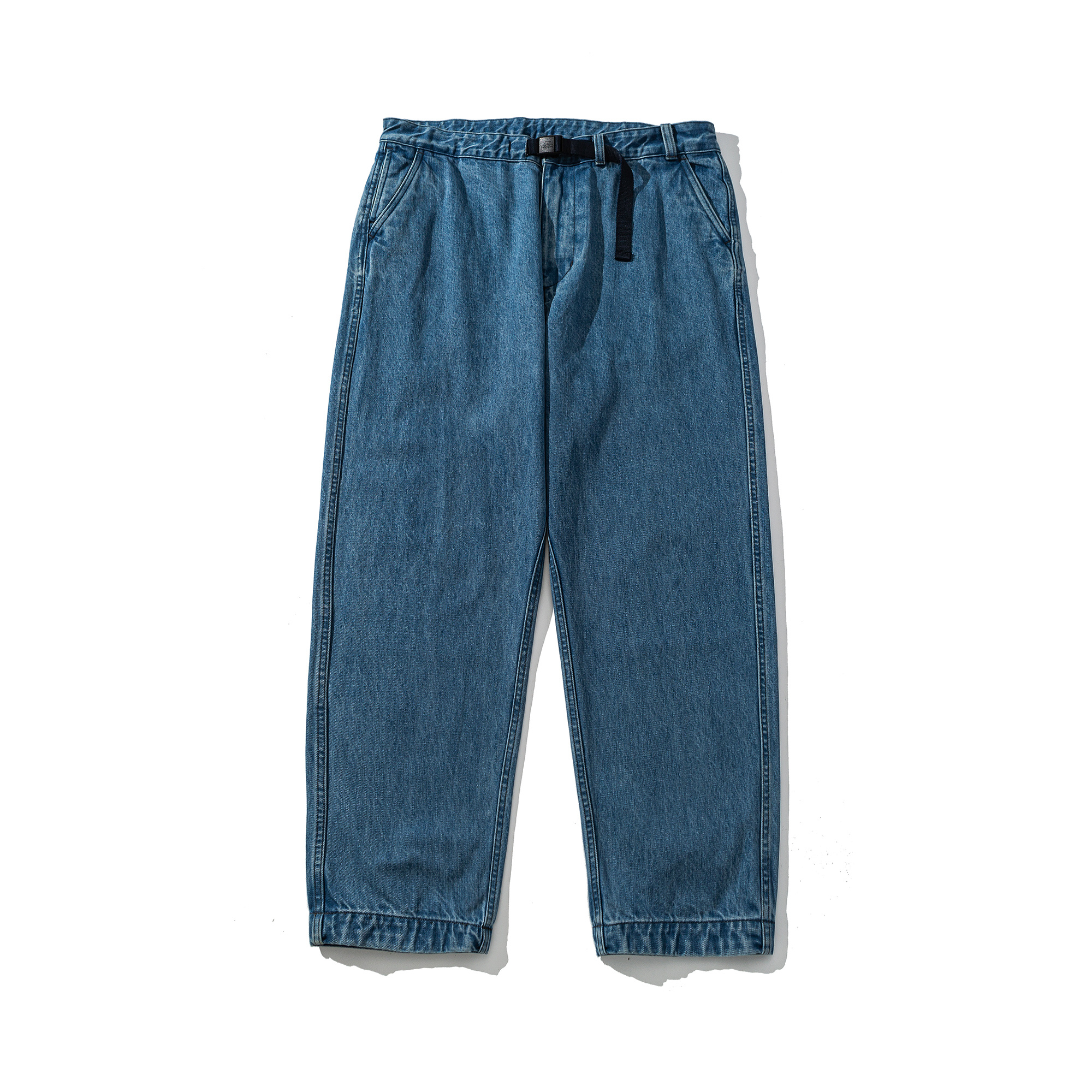 Tapered Buckle-Waist Denim Long Pants - Light Wash Denim