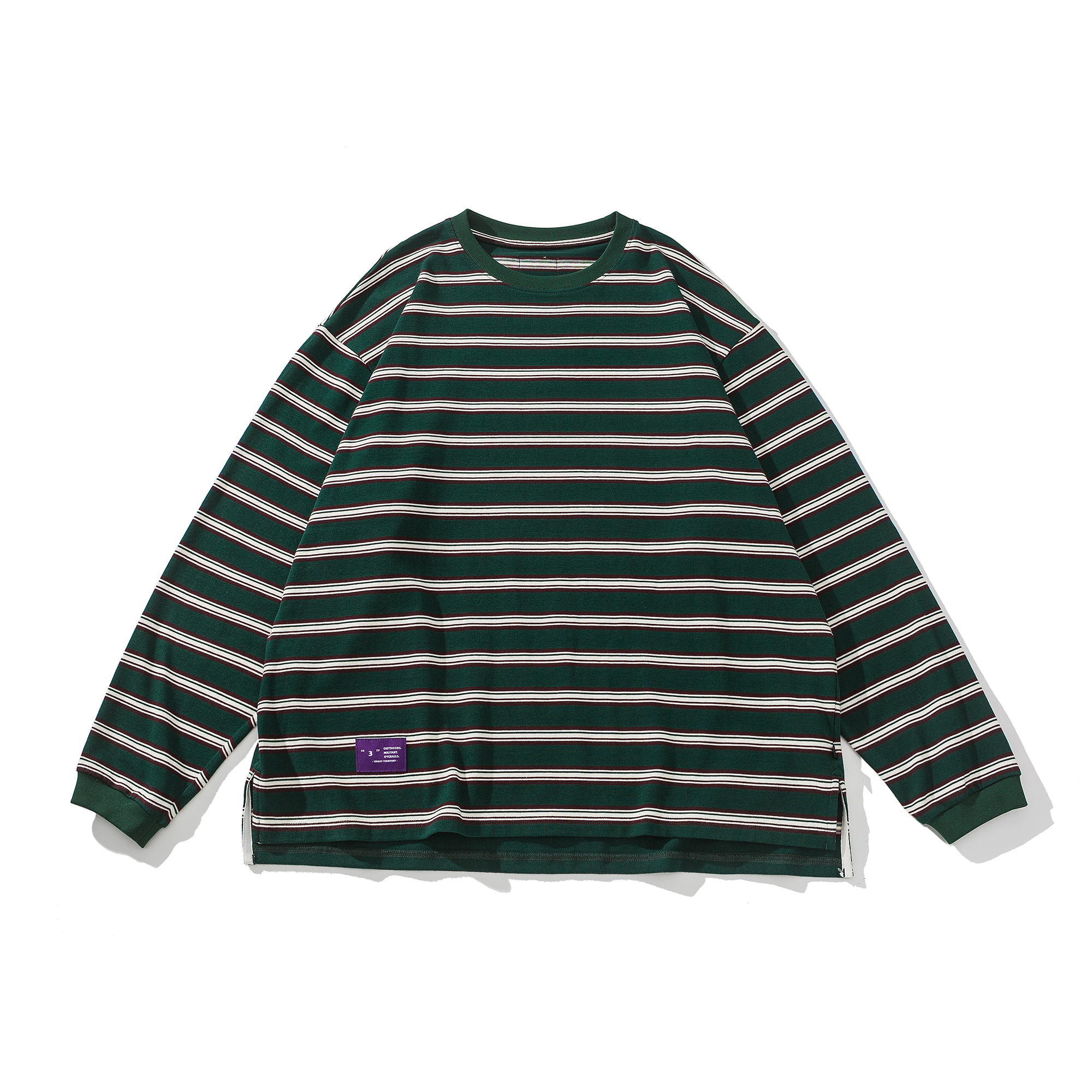 Men's Striped Long Sleeve T-Shirt - 10.2oz Heavyweight Cotton Crewneck Top-Liberaturs