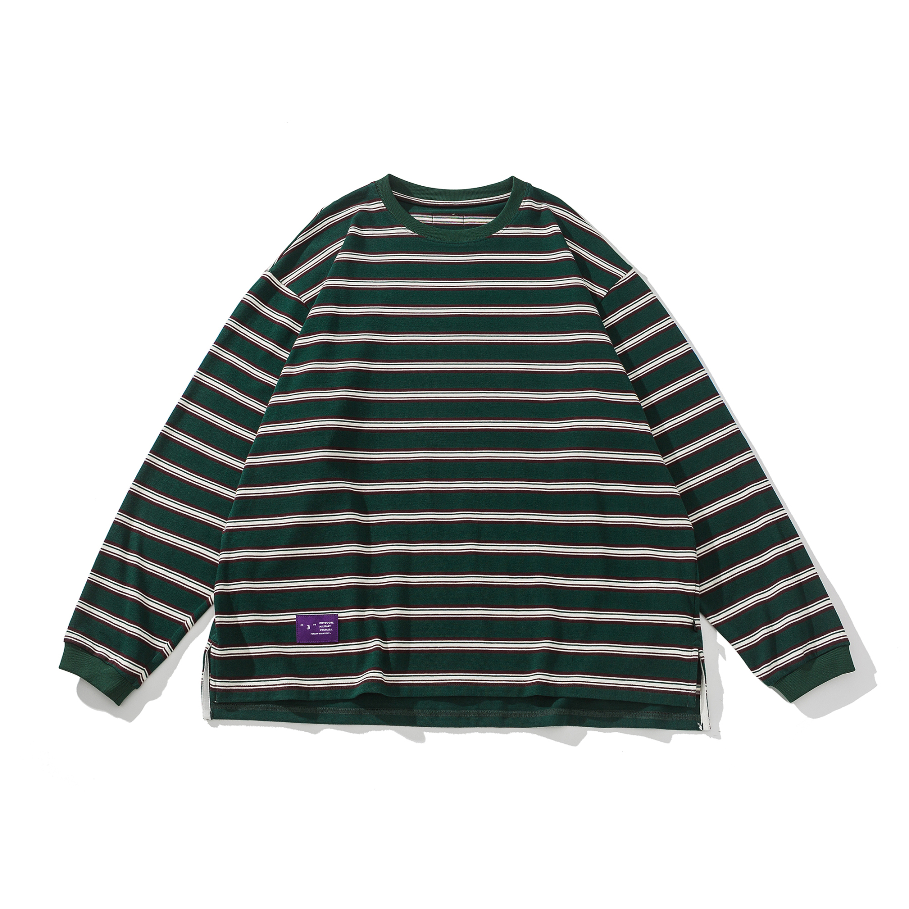 Men's Heavyweight Long Sleeve Tee - 10.2oz Striped Crewneck Shirt -Liberaturs