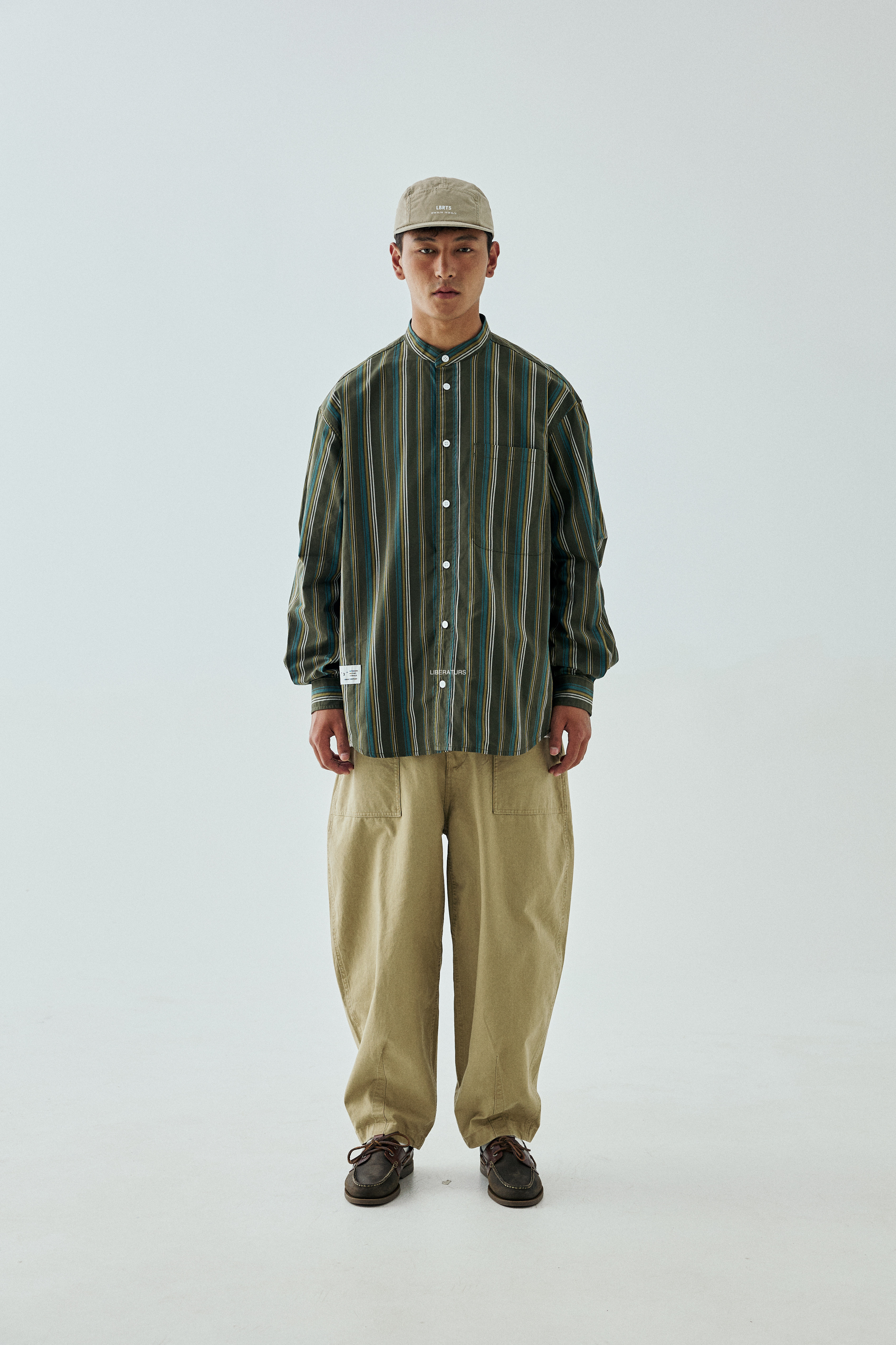 Men's Mandarin Collar Shirt - Striped Long Sleeve Button Down-Liberaturs