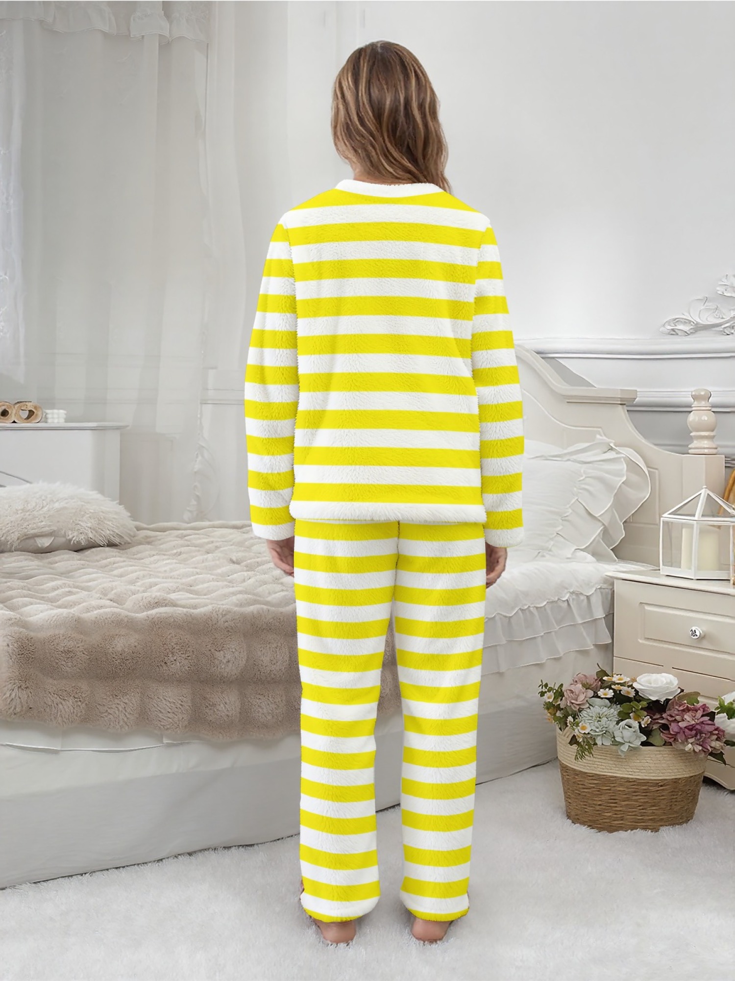 Women's Multi-Color Striped Flannel Pajama Set - Warm Fuzzy Sleepwear (Yellow/Red/Orange/Purple/Pink)