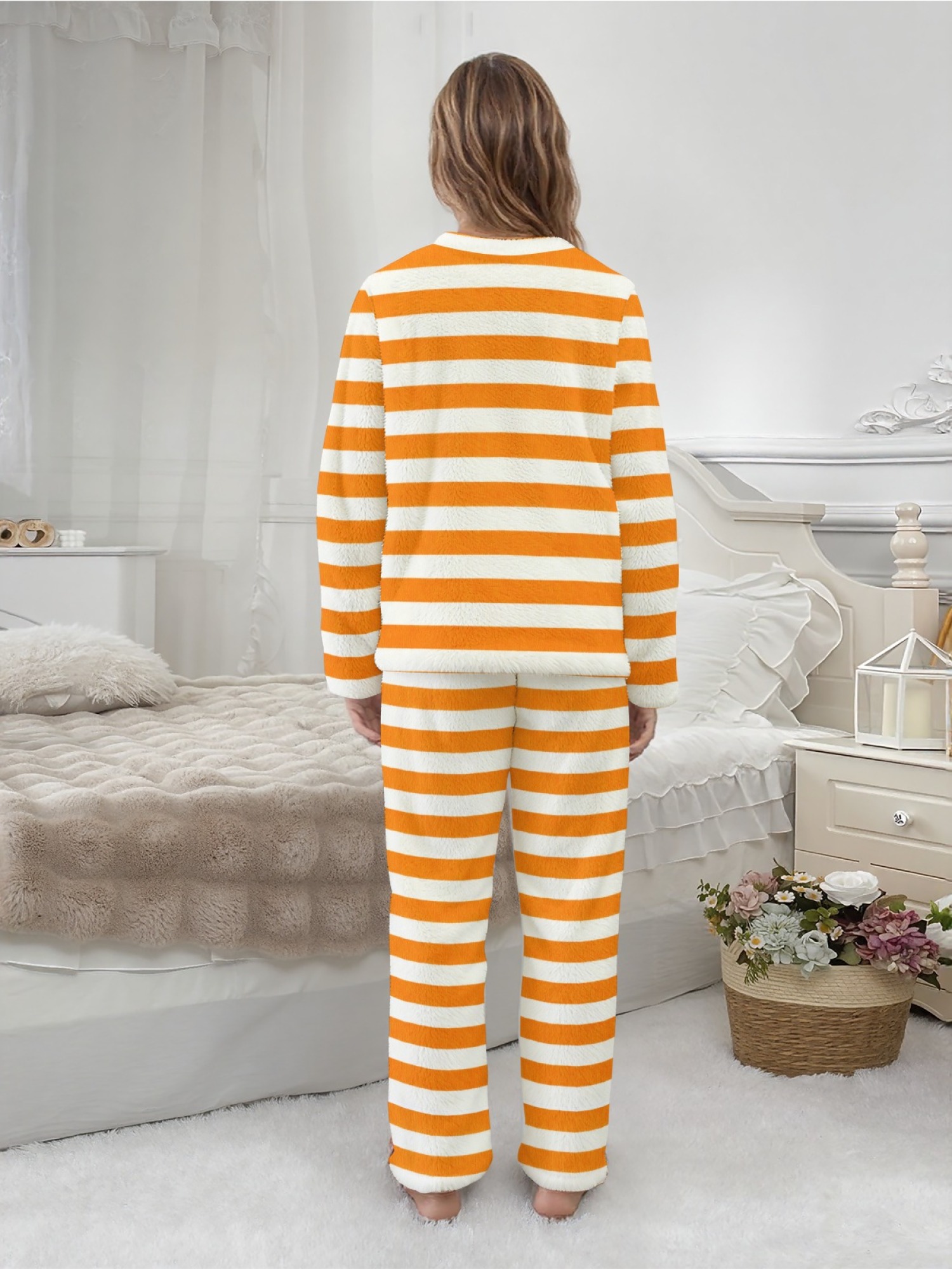 Women's Multi-Color Striped Flannel Pajama Set - Warm Fuzzy Sleepwear (Yellow/Red/Orange/Purple/Pink)