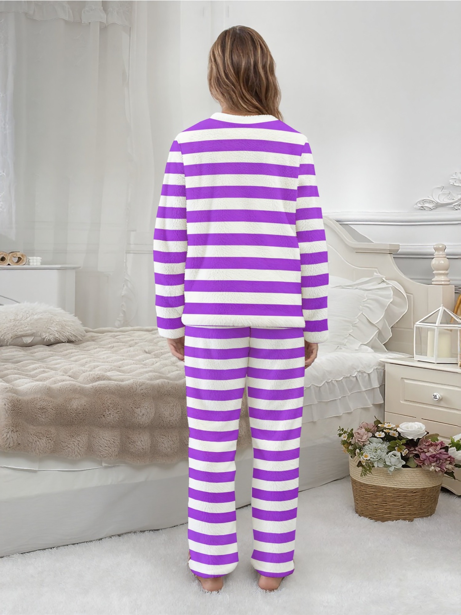 Women's Multi-Color Striped Flannel Pajama Set - Warm Fuzzy Sleepwear (Yellow/Red/Orange/Purple/Pink)