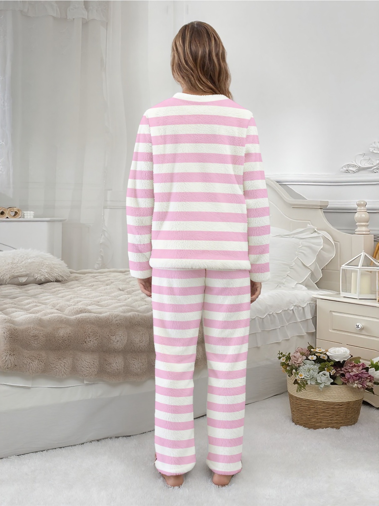 Women's Multi-Color Striped Flannel Pajama Set - Warm Fuzzy Sleepwear (Yellow/Red/Orange/Purple/Pink)