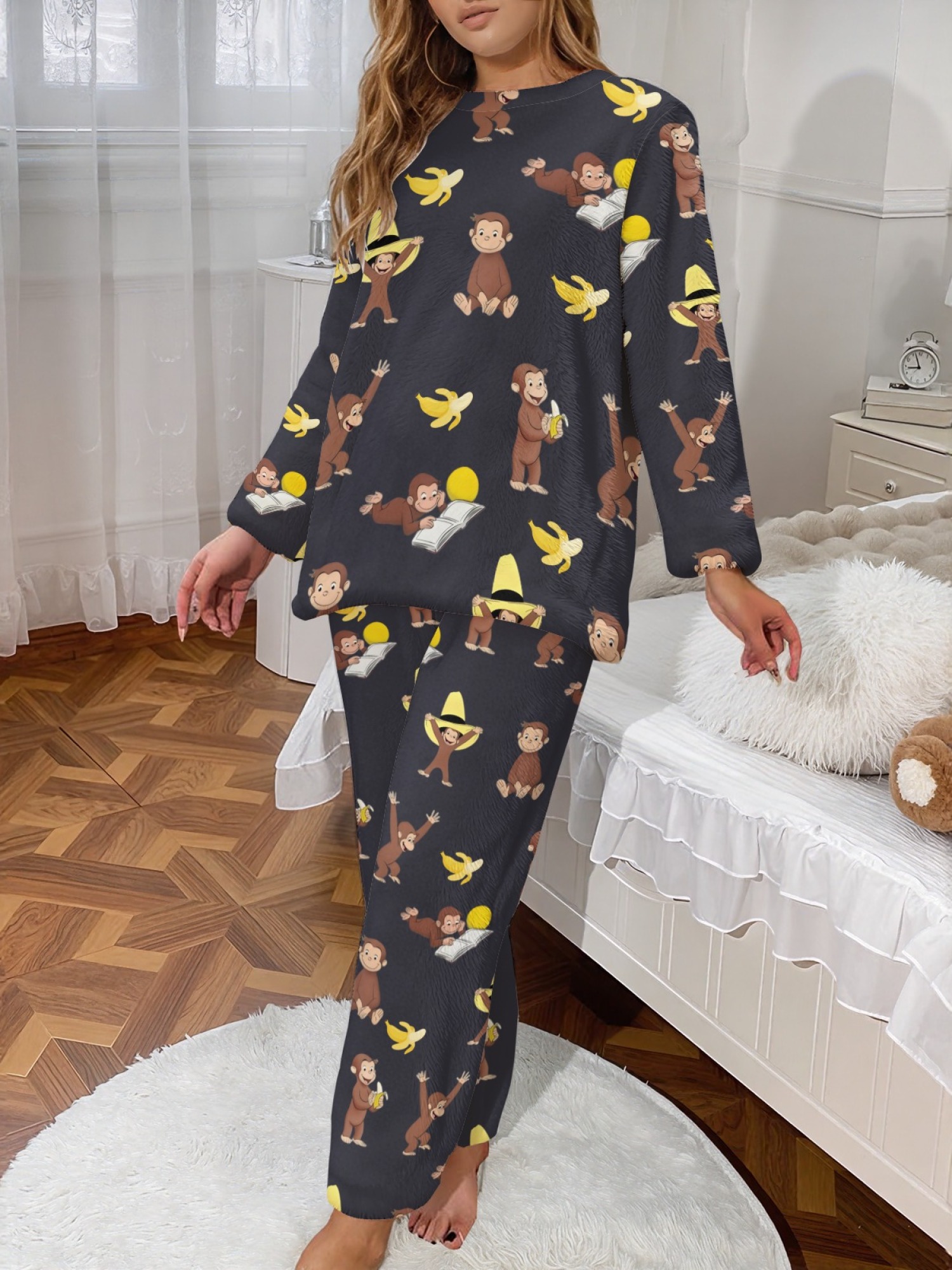 Curious Monkey & Banana Flannel Pajama Set | Soft Fuzzy Winter Loungewear (White/Black)