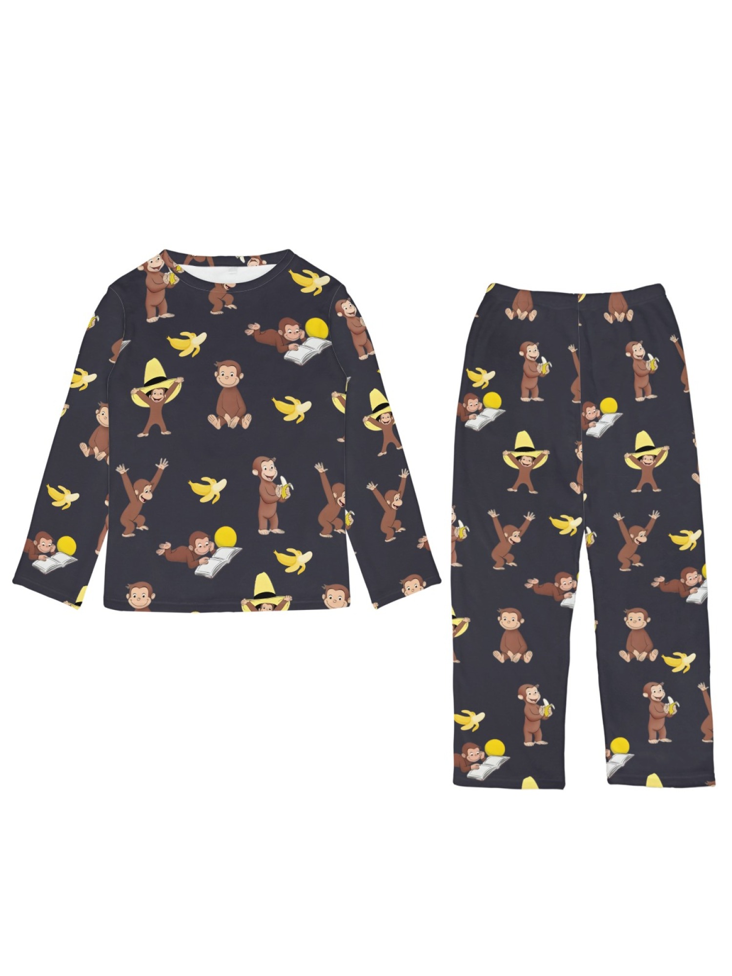 Curious Monkey & Banana Flannel Pajama Set | Soft Fuzzy Winter Loungewear (White/Black)