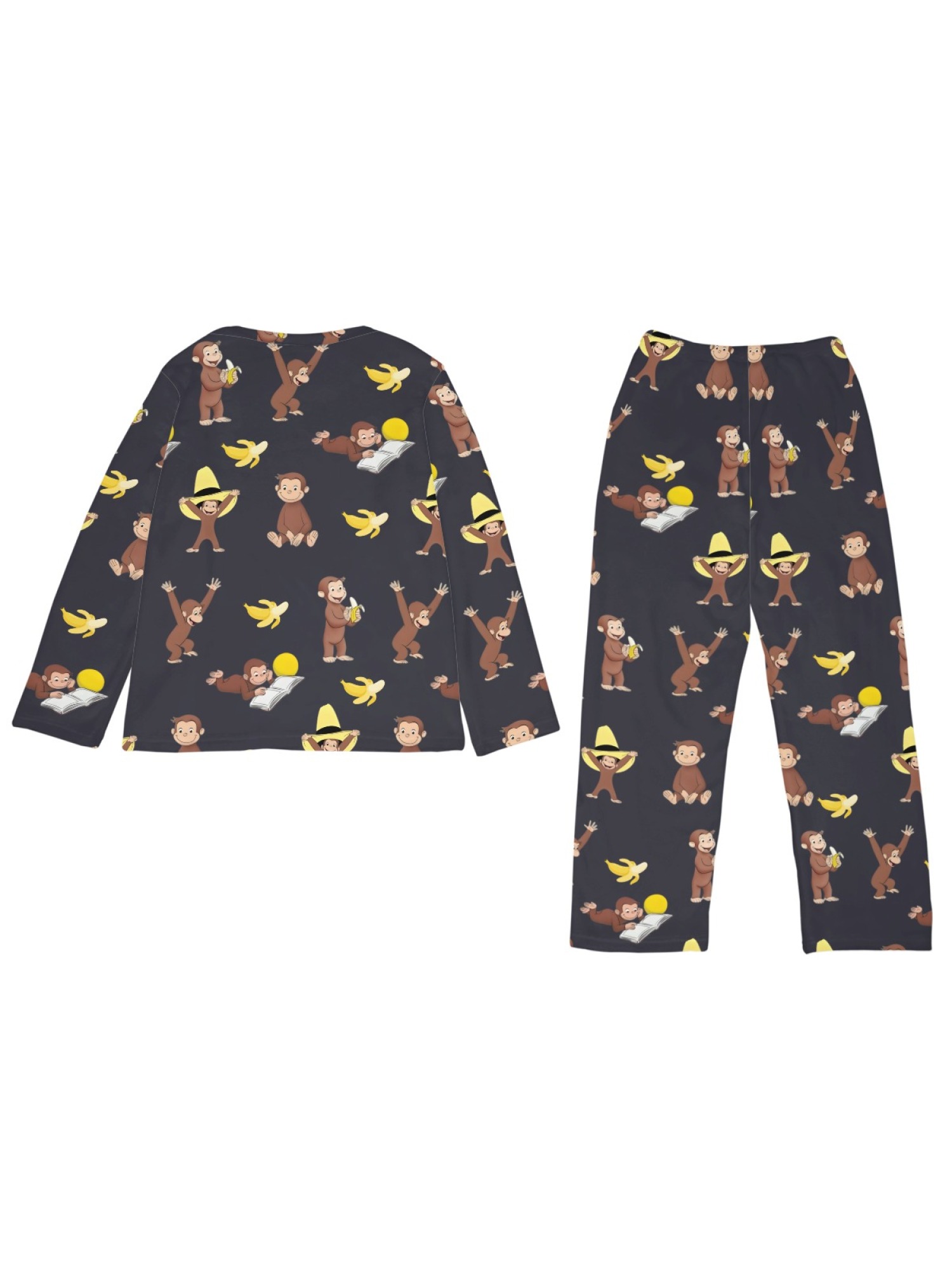 Curious Monkey & Banana Flannel Pajama Set | Soft Fuzzy Winter Loungewear (White/Black)