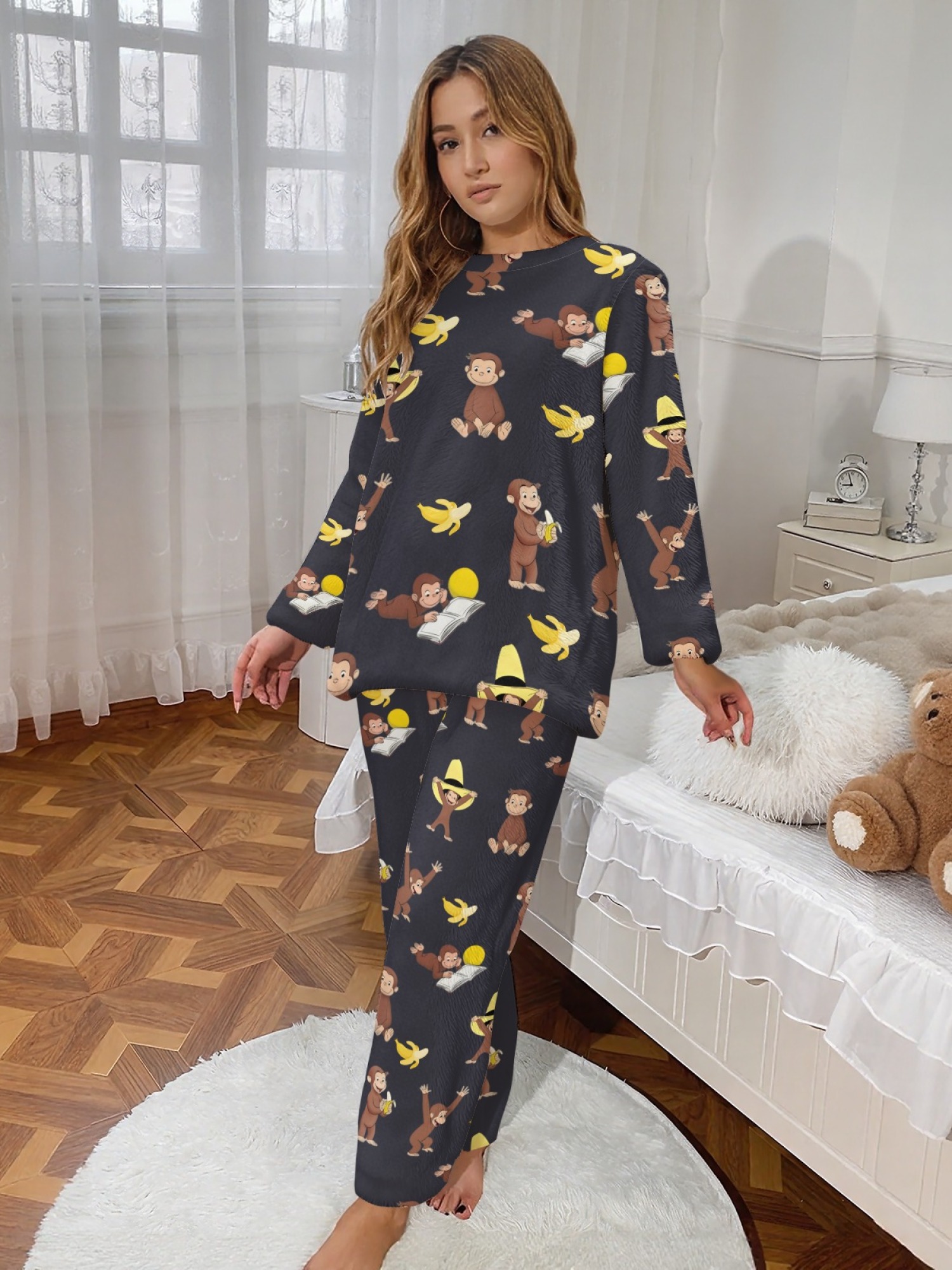 Curious Monkey & Banana Flannel Pajama Set | Soft Fuzzy Winter Loungewear (White/Black)