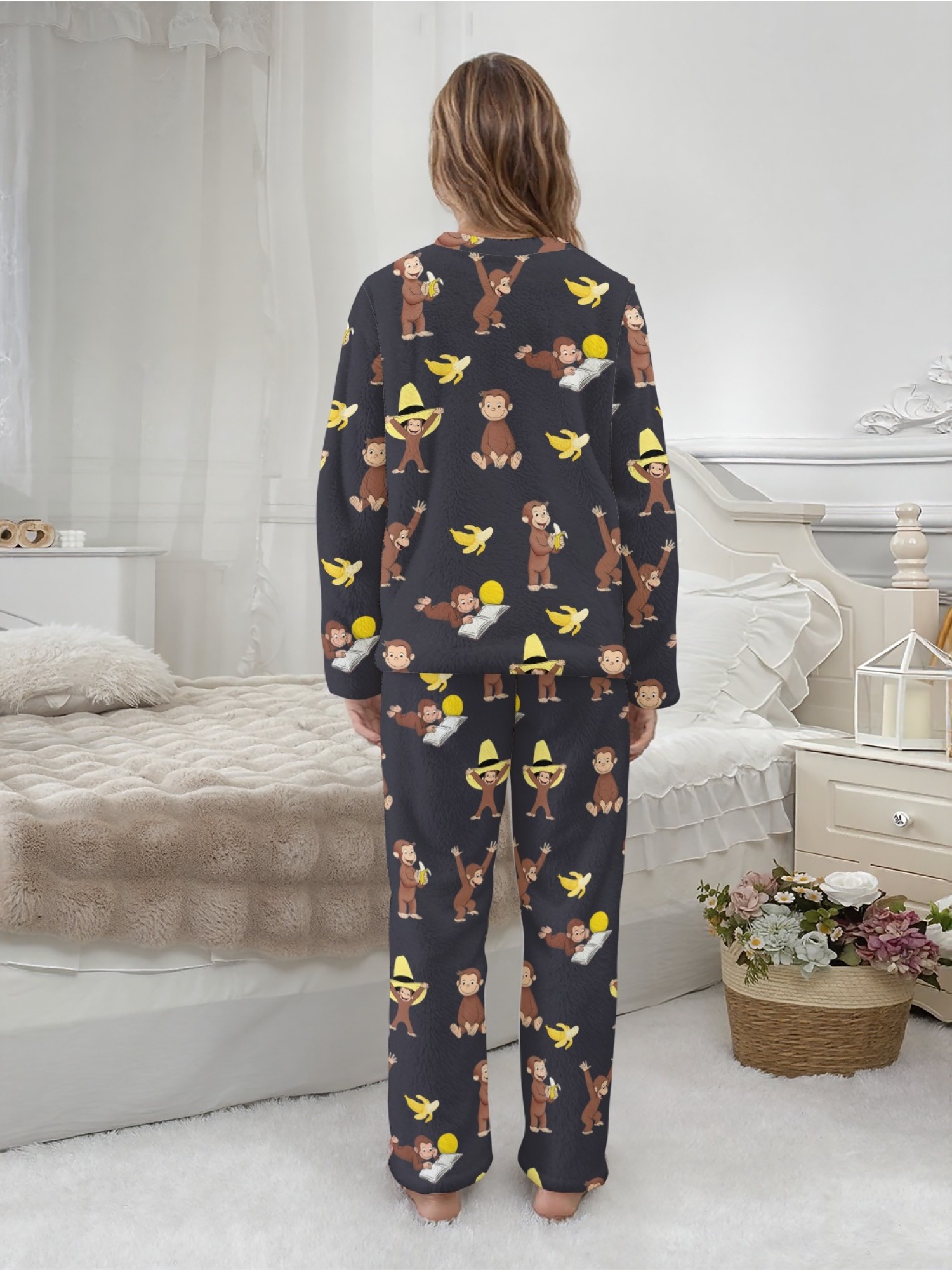 Curious Monkey & Banana Flannel Pajama Set | Soft Fuzzy Winter Loungewear (White/Black)