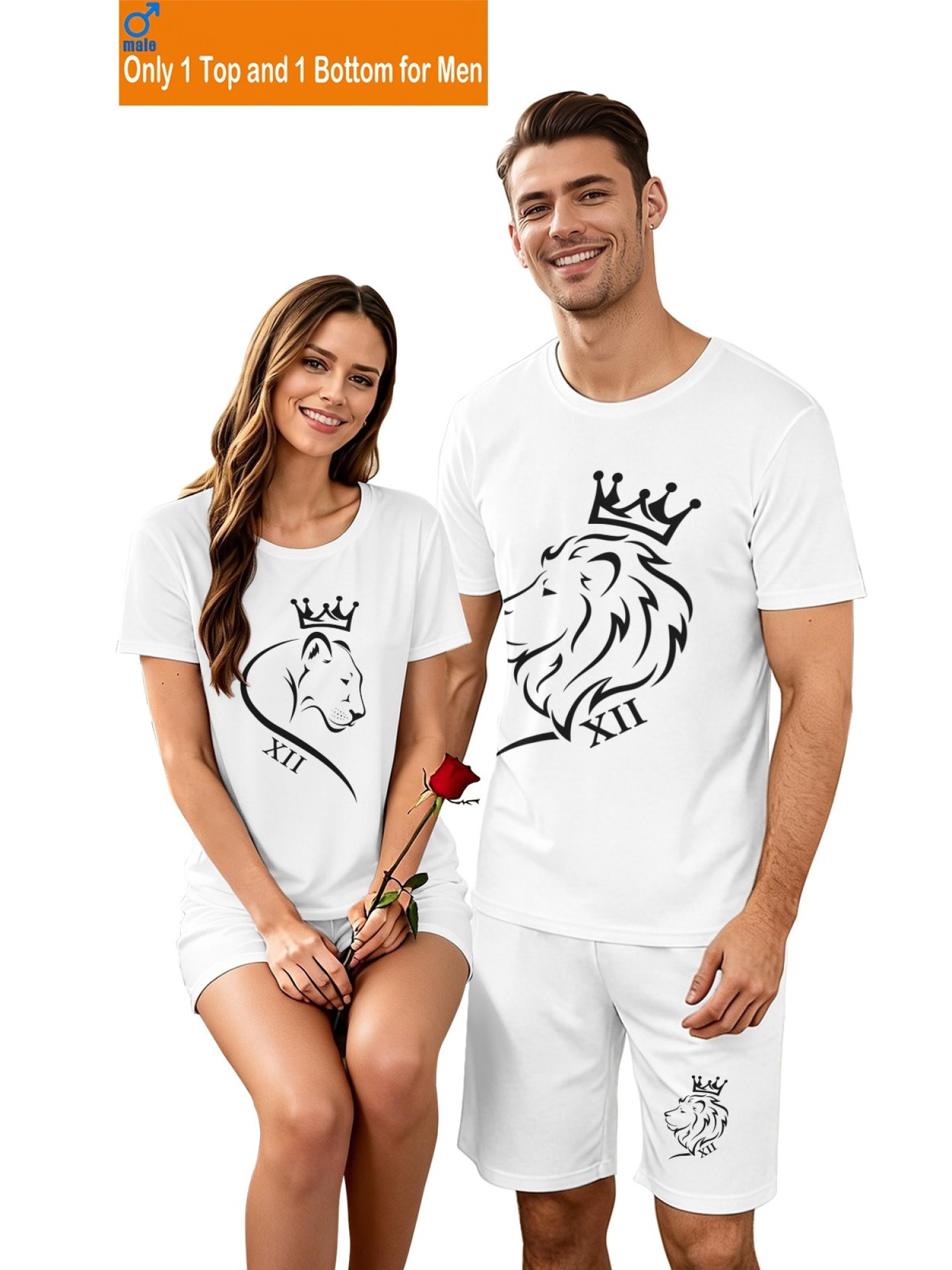 Matching King & Queen Lion Couple T-Shirt and Shorts Set