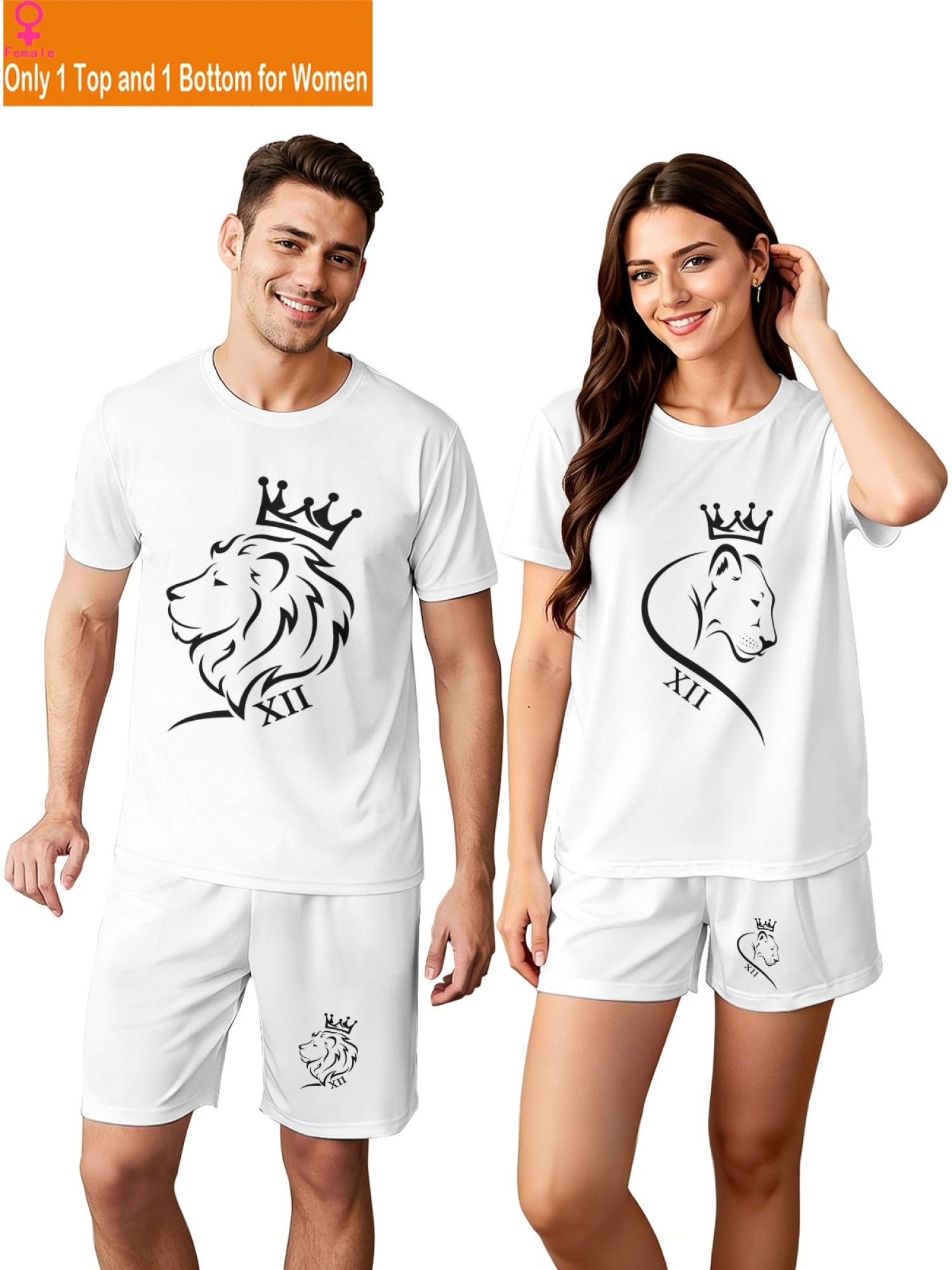 Matching King & Queen Lion Couple T-Shirt and Shorts Set