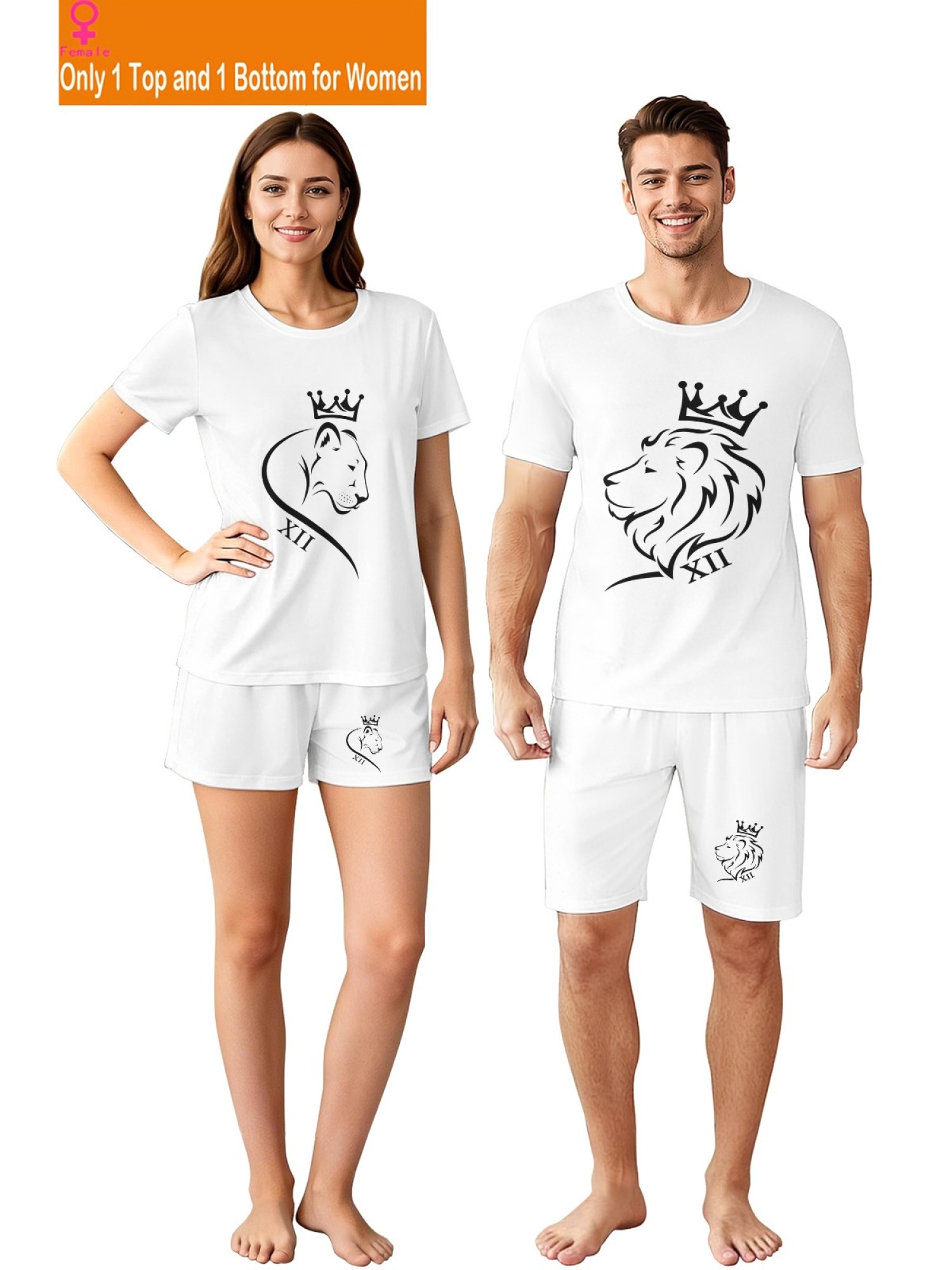Matching King & Queen Lion Couple T-Shirt and Shorts Set
