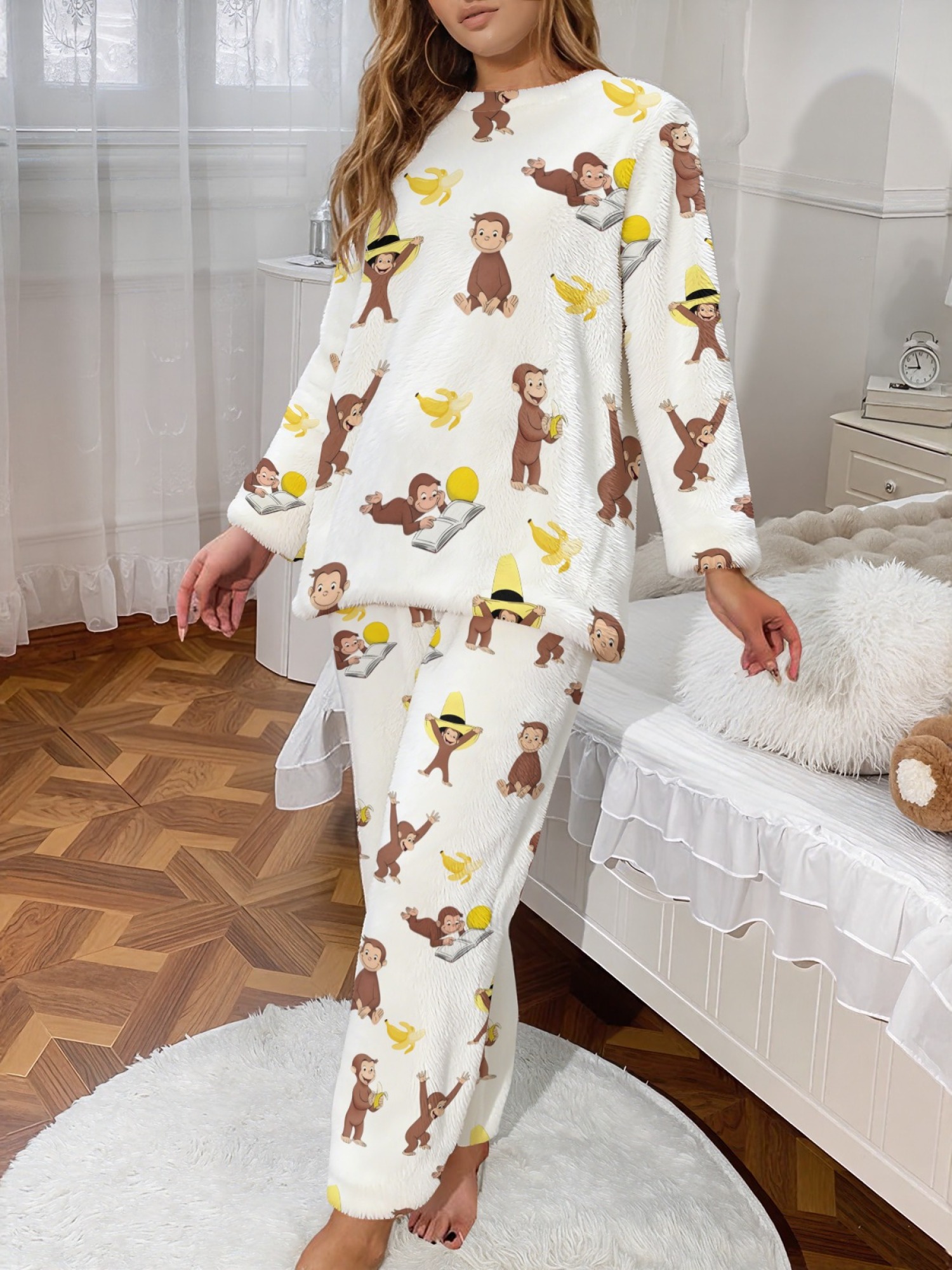 Curious Monkey & Banana Flannel Pajama Set | Soft Fuzzy Winter Loungewear (White/Black)