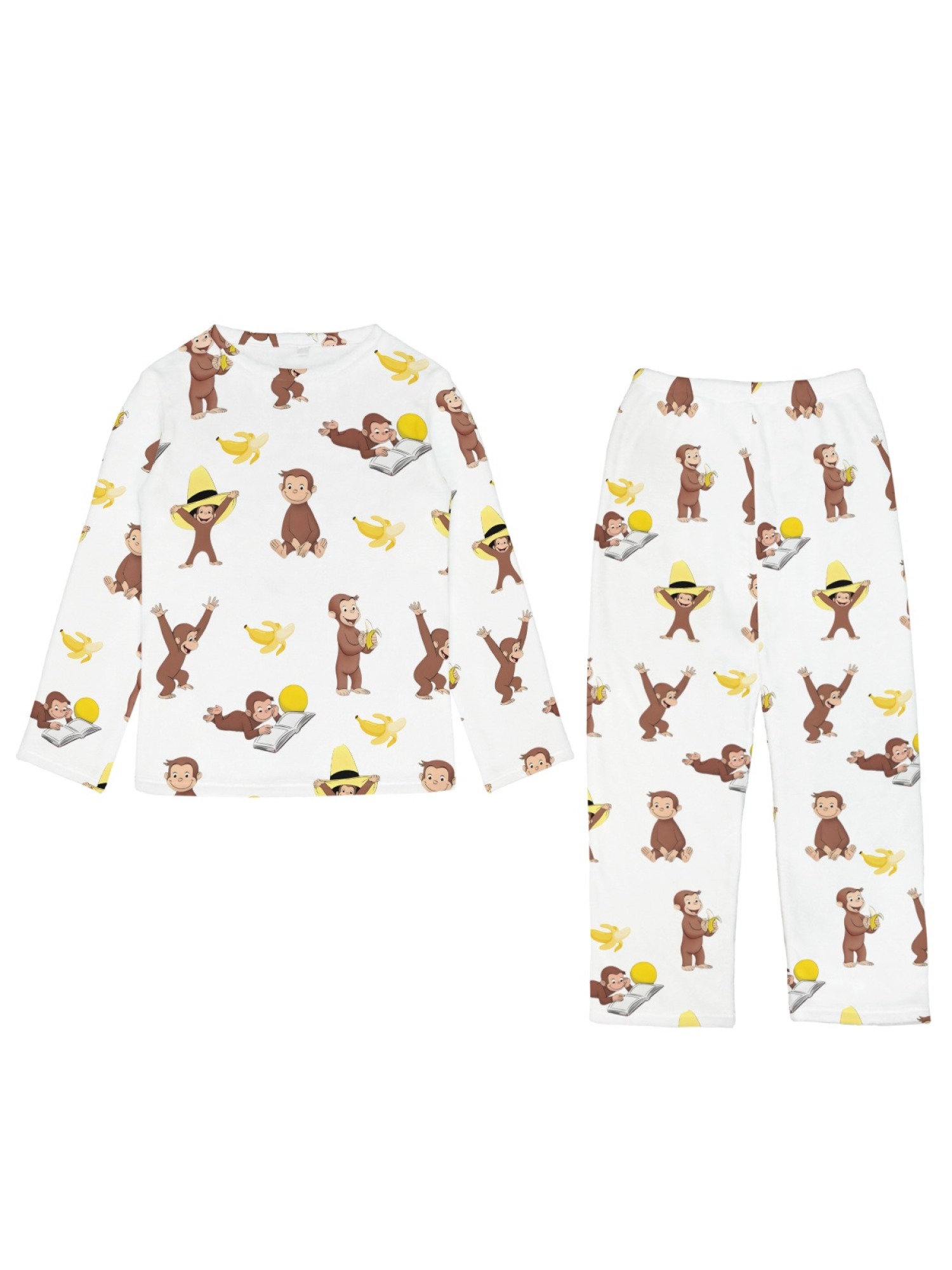 Curious Monkey & Banana Flannel Pajama Set | Soft Fuzzy Winter Loungewear (White/Black)