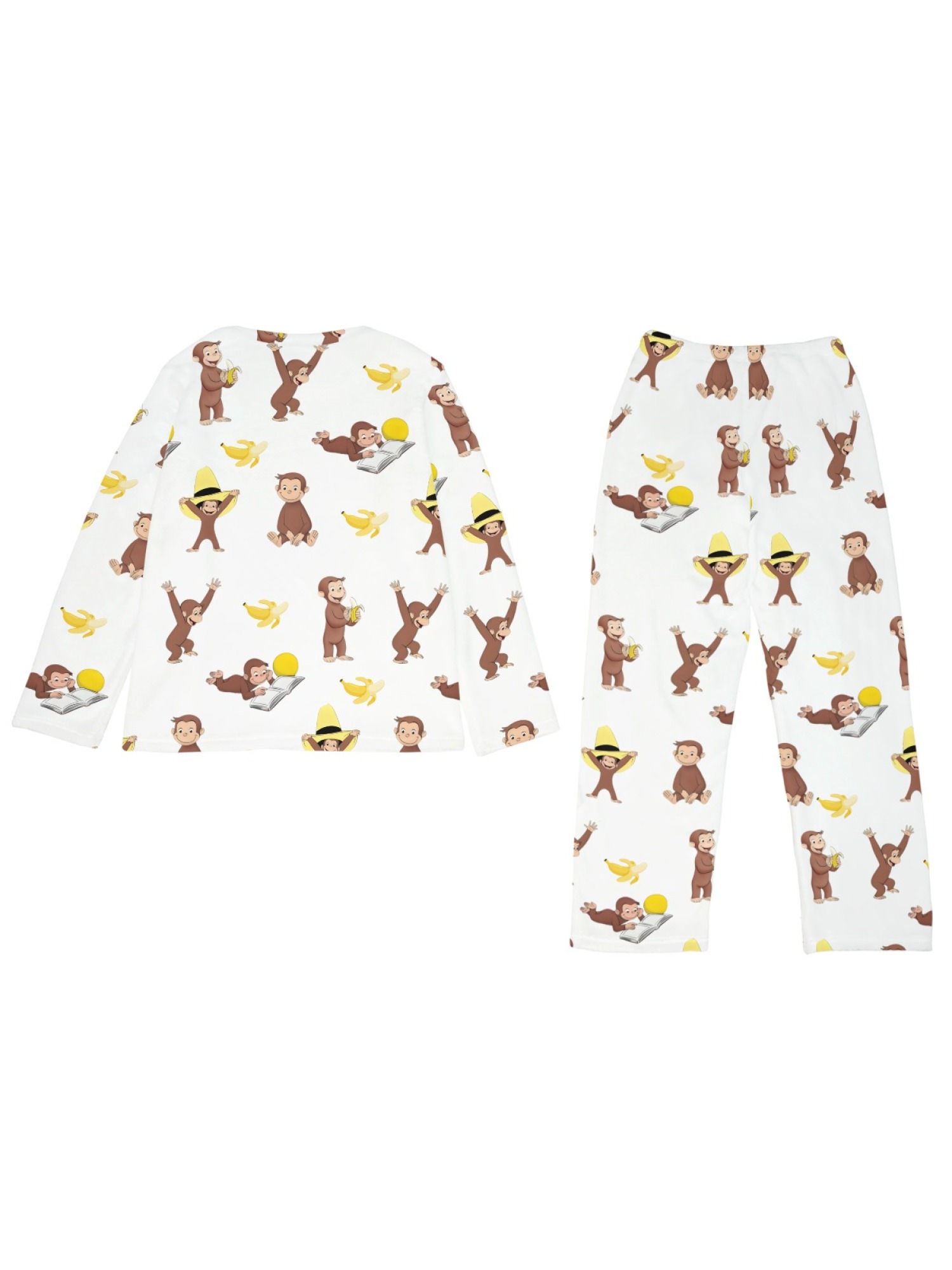 Curious Monkey & Banana Flannel Pajama Set | Soft Fuzzy Winter Loungewear (White/Black)