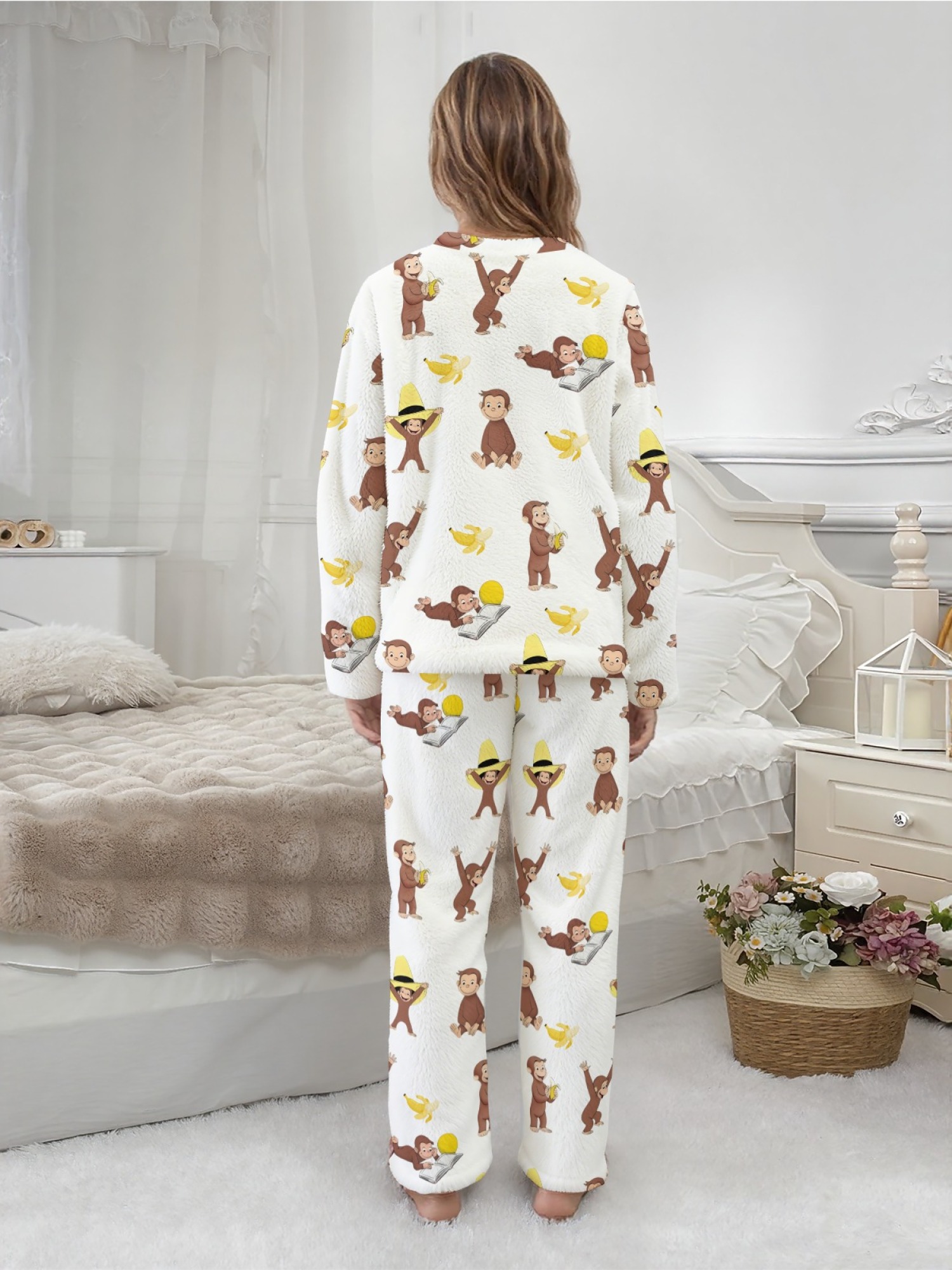 Curious Monkey & Banana Flannel Pajama Set | Soft Fuzzy Winter Loungewear (White/Black)