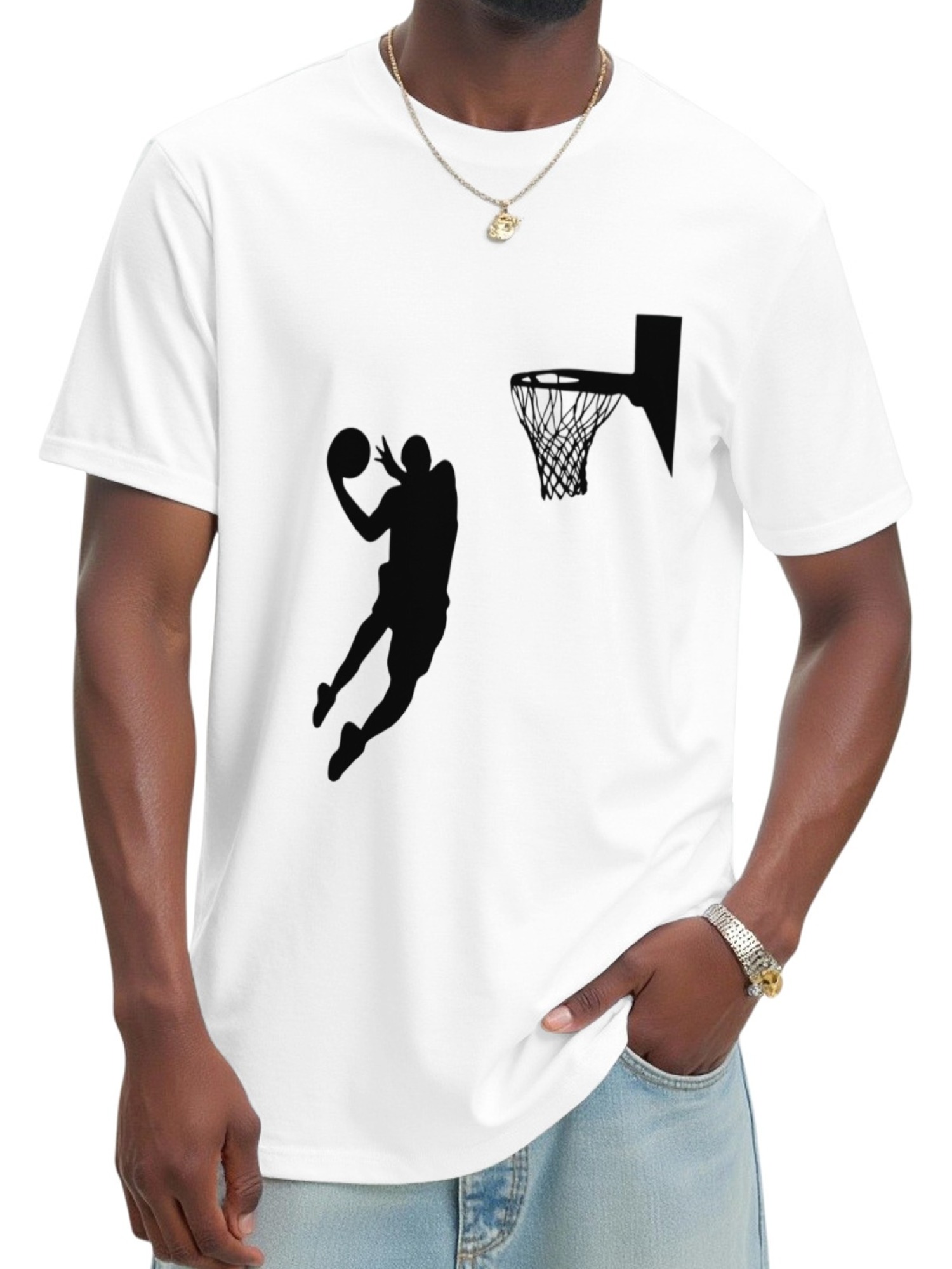 Minimalist Basketball Dunk Silhouette Graphic Print T-Shirt for Men