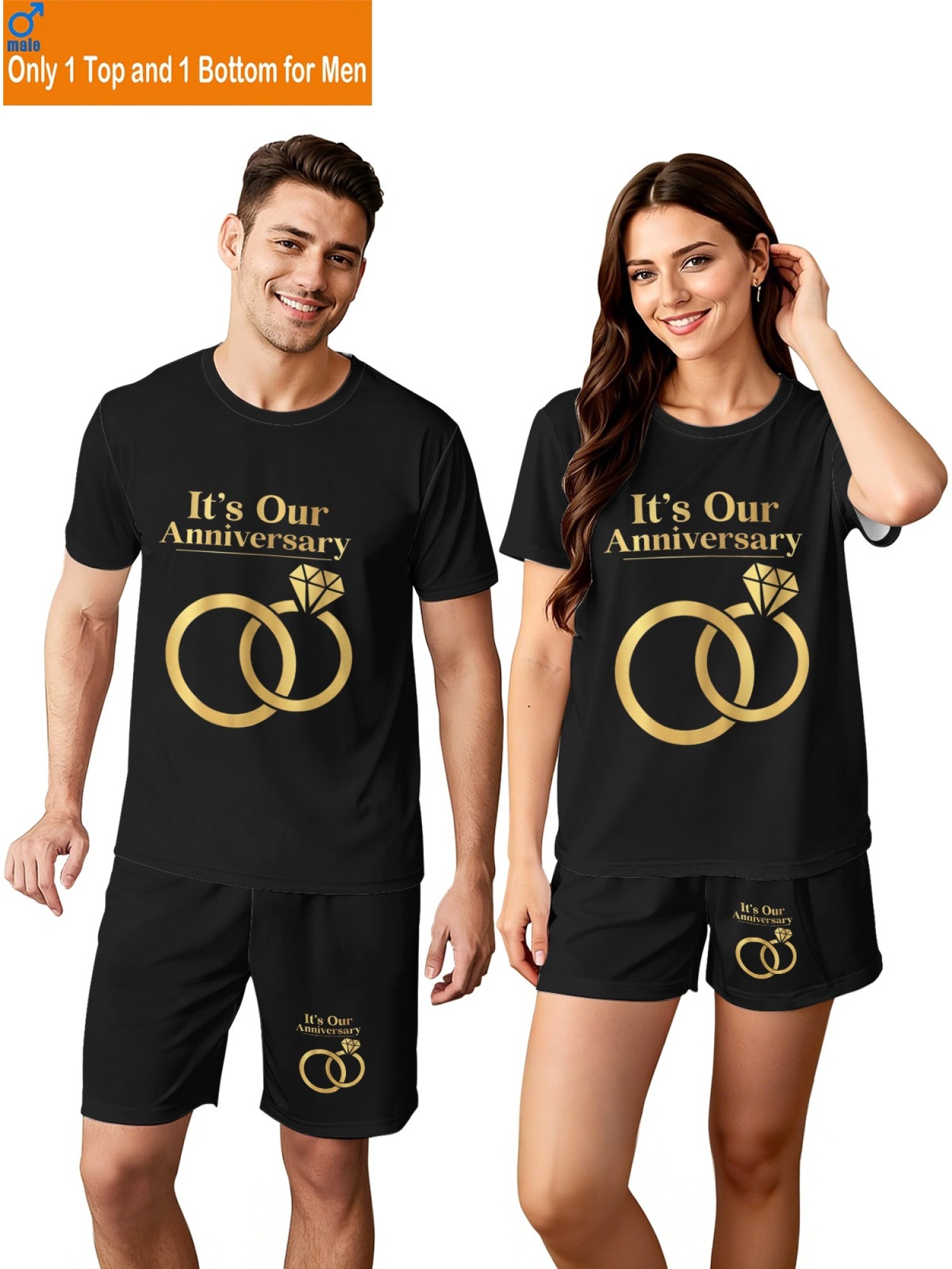 "It's Our Anniversary" Matching Couple Set – Black T-Shirt & Shorts Outfit with Gold Ring Print