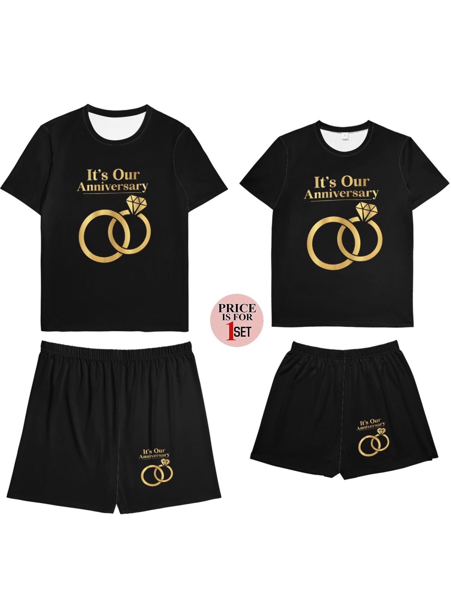 "It's Our Anniversary" Matching Couple Set – Black T-Shirt & Shorts Outfit with Gold Ring Print