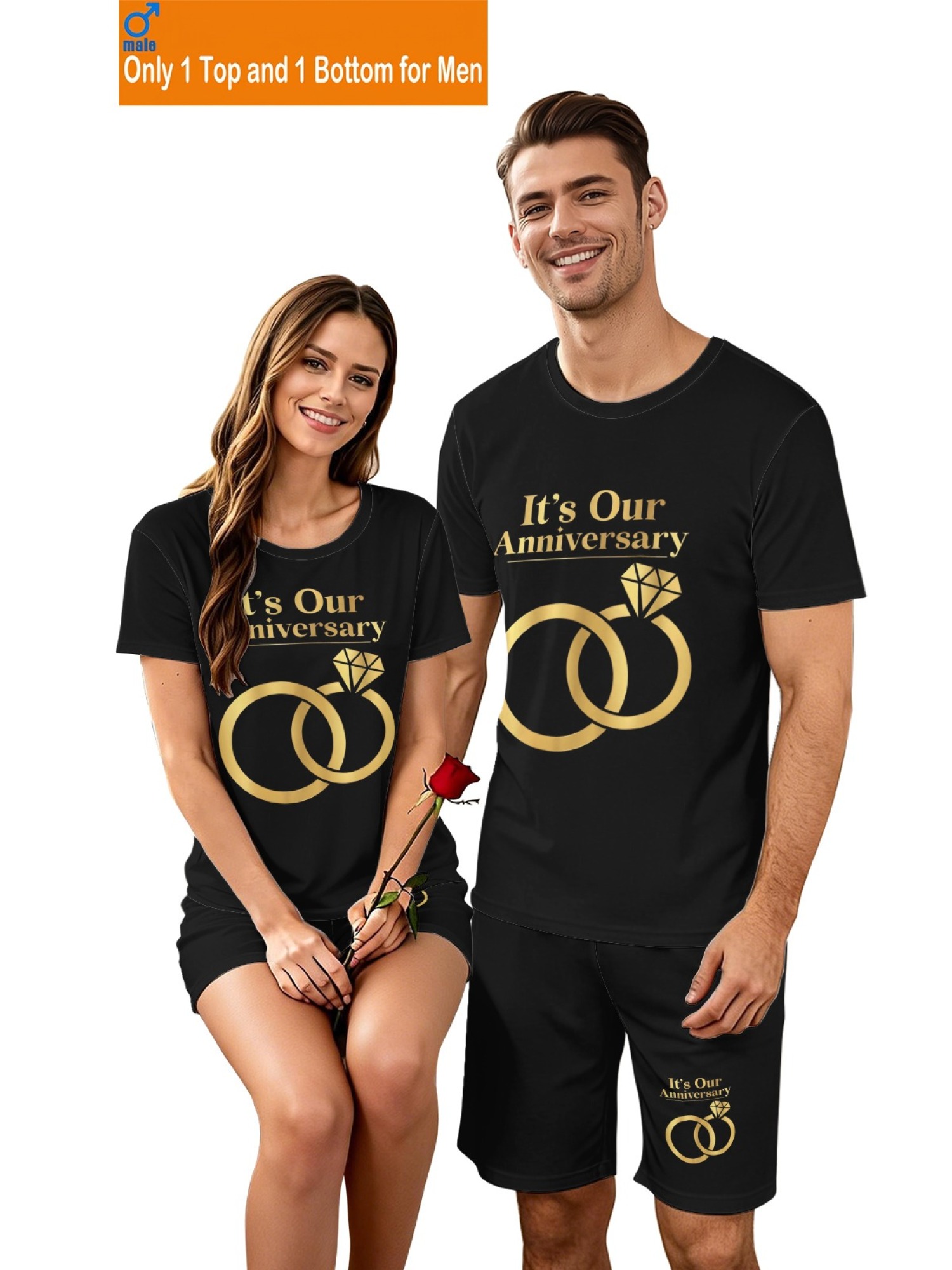 "It's Our Anniversary" Matching Couple Set – Black T-Shirt & Shorts Outfit with Gold Ring Print