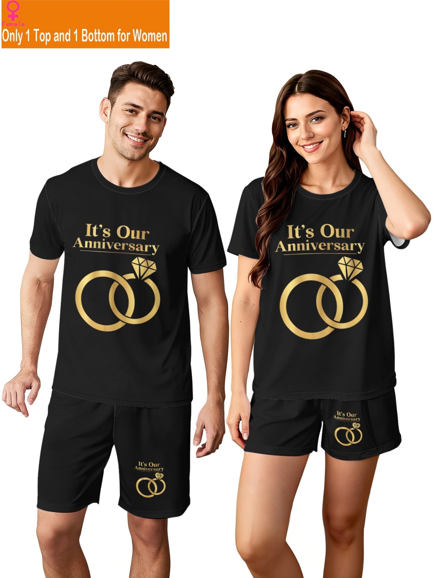"It's Our Anniversary" Matching Couple Set – Black T-Shirt & Shorts Outfit with Gold Ring Print