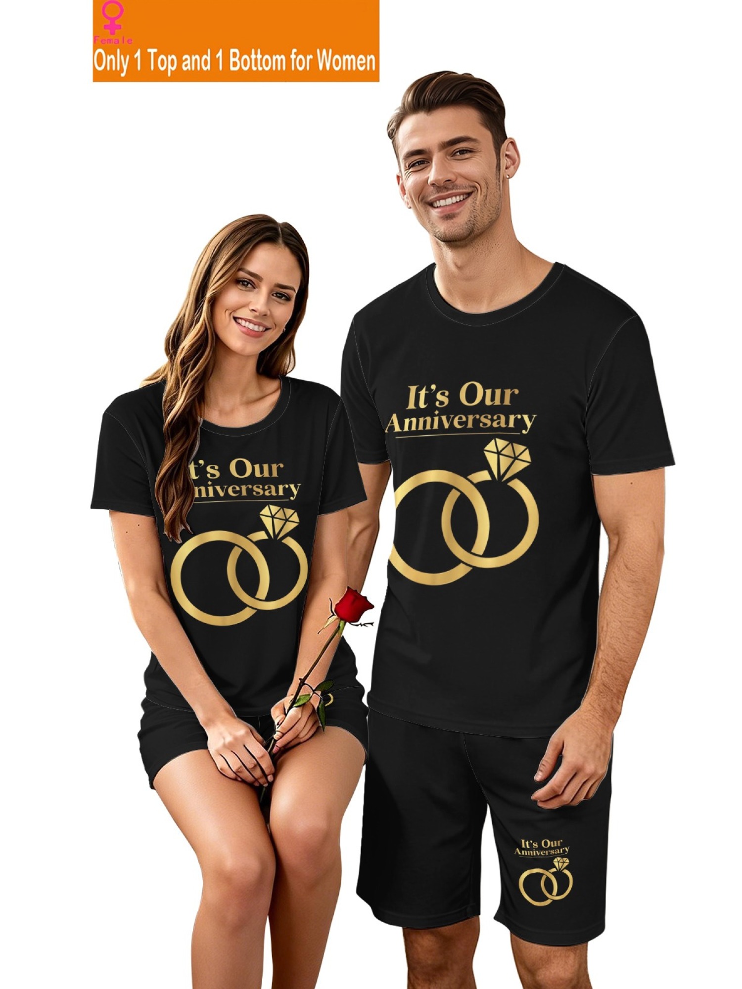 "It's Our Anniversary" Matching Couple Set – Black T-Shirt & Shorts Outfit with Gold Ring Print