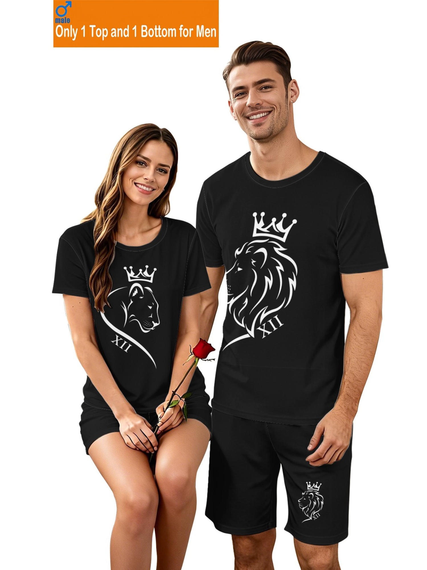 Matching King & Queen Lion Couple T-Shirt and Shorts Set