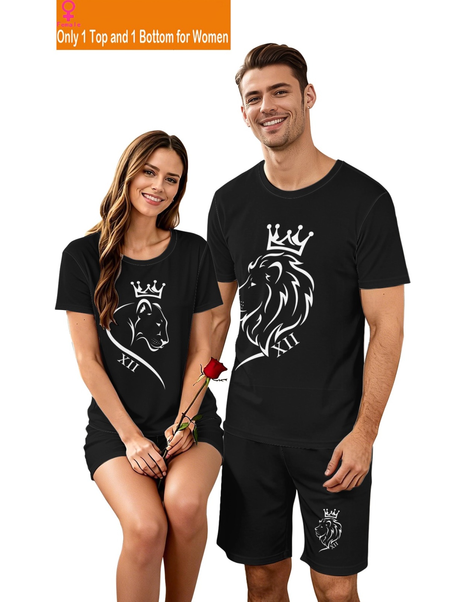 Matching King & Queen Lion Couple T-Shirt and Shorts Set
