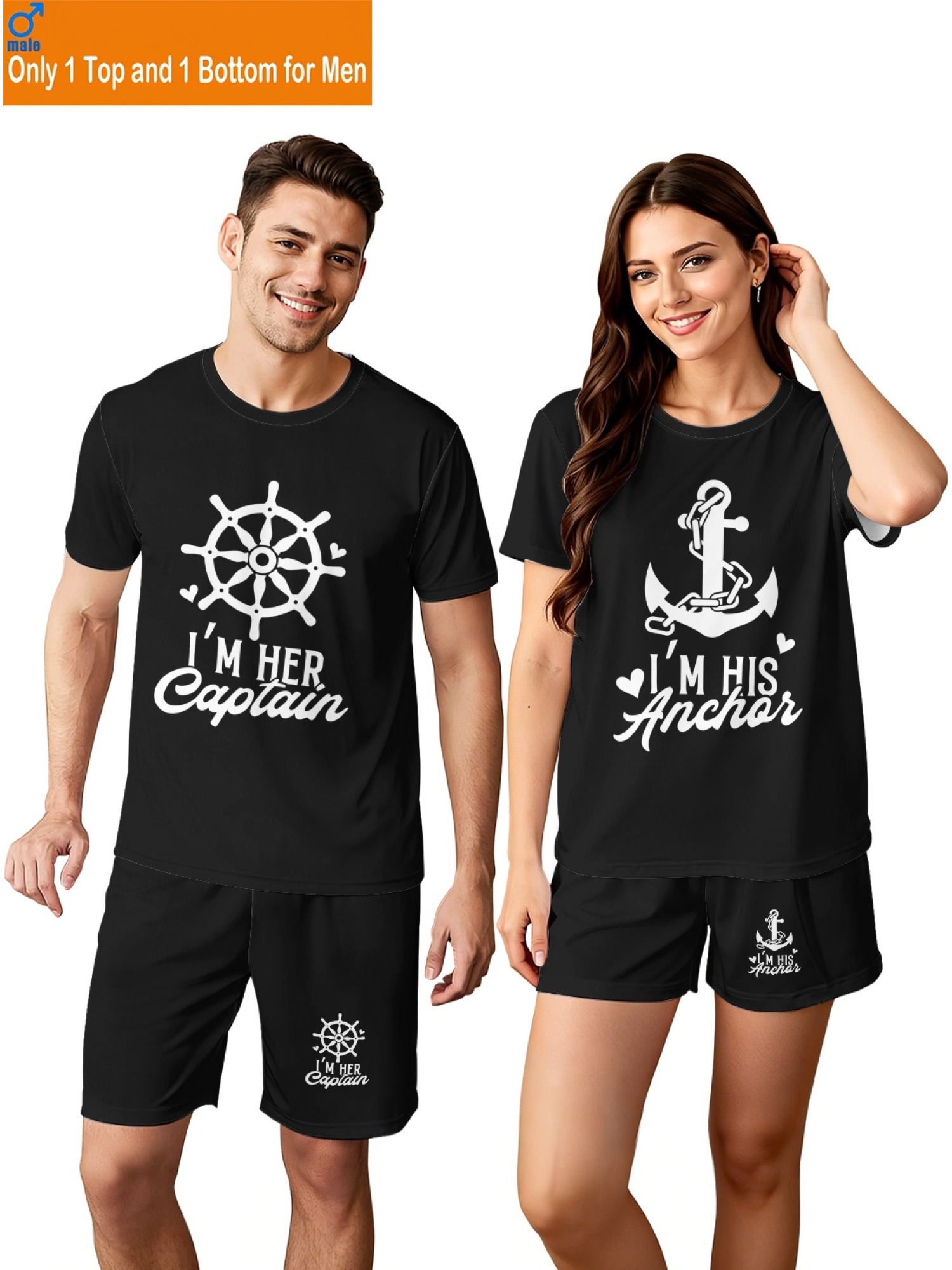 "I'm Her Captain & I'm His Anchor" Matching Couple's Summer T-Shirt and Shorts Set