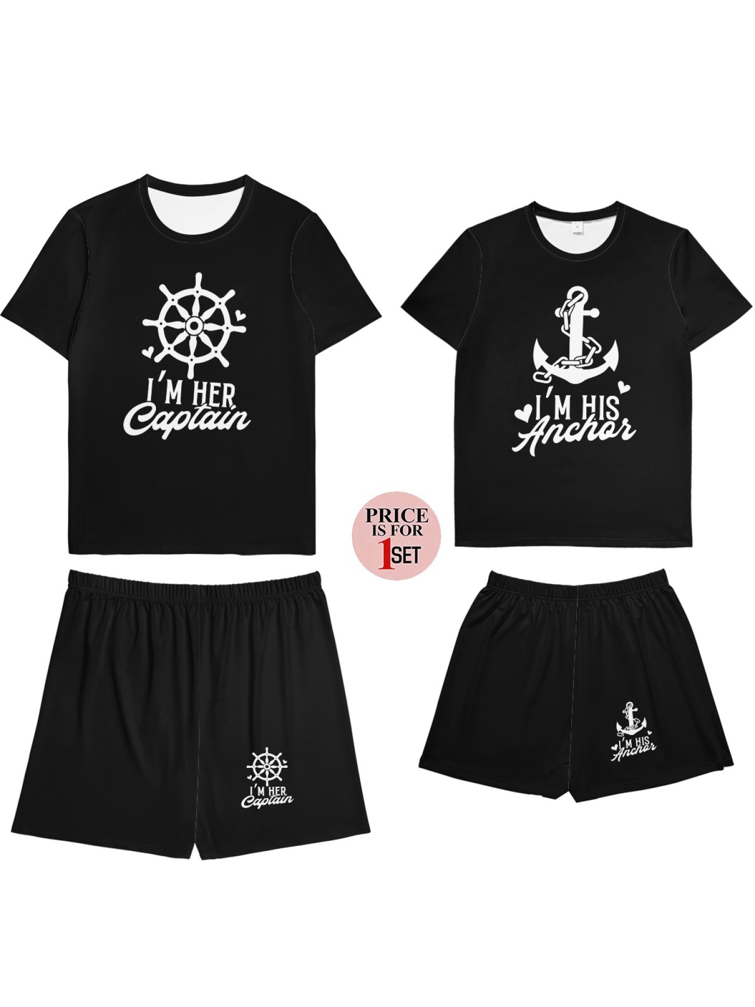 "I'm Her Captain & I'm His Anchor" Matching Couple's Summer T-Shirt and Shorts Set