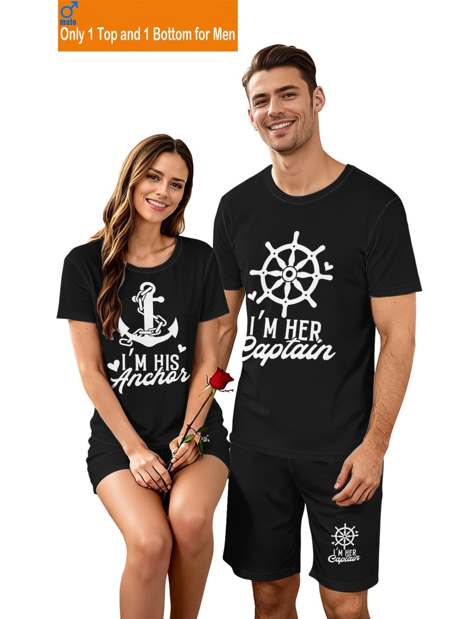 "I'm Her Captain & I'm His Anchor" Matching Couple's Summer T-Shirt and Shorts Set