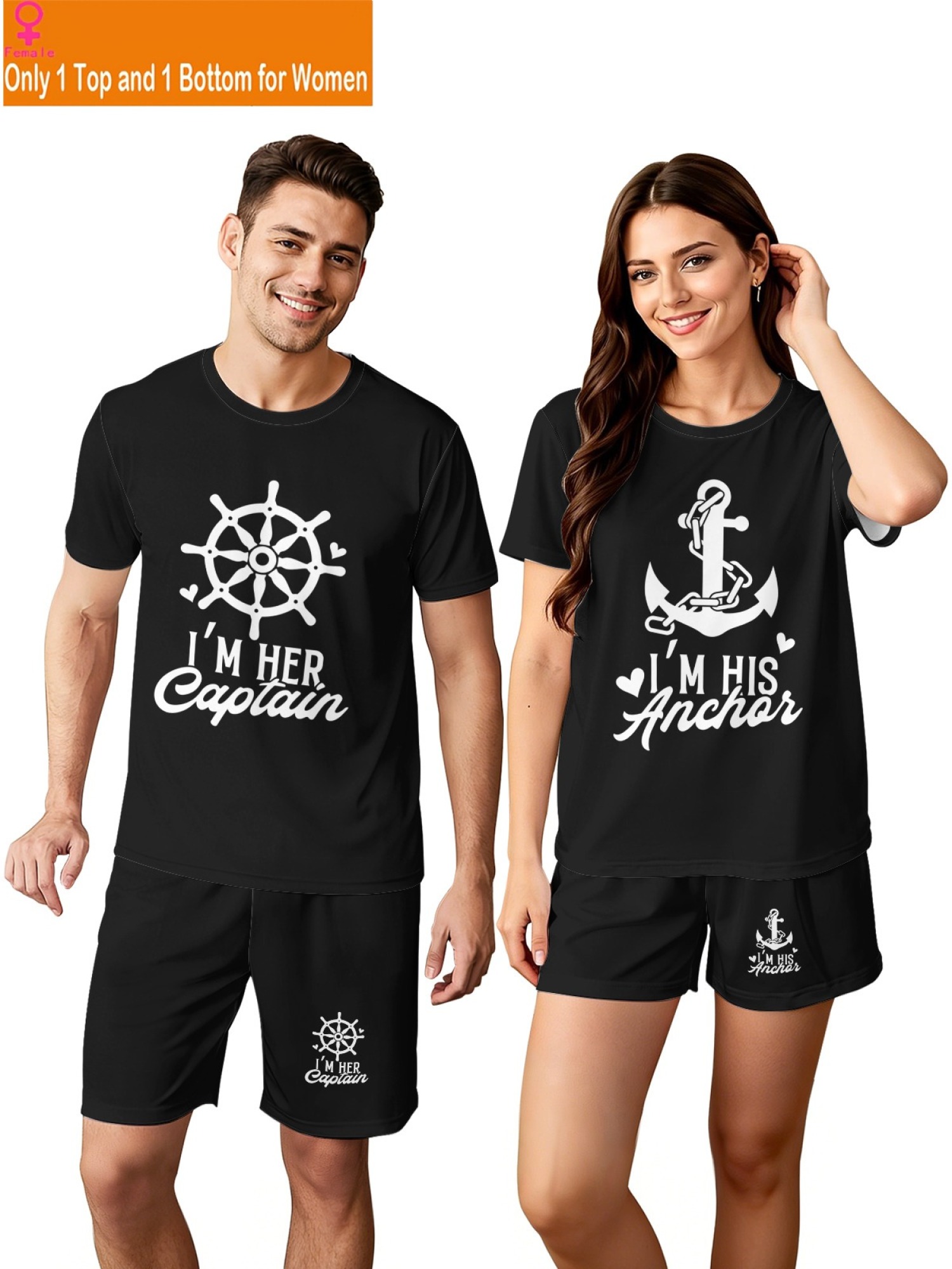 "I'm Her Captain & I'm His Anchor" Matching Couple's Summer T-Shirt and Shorts Set