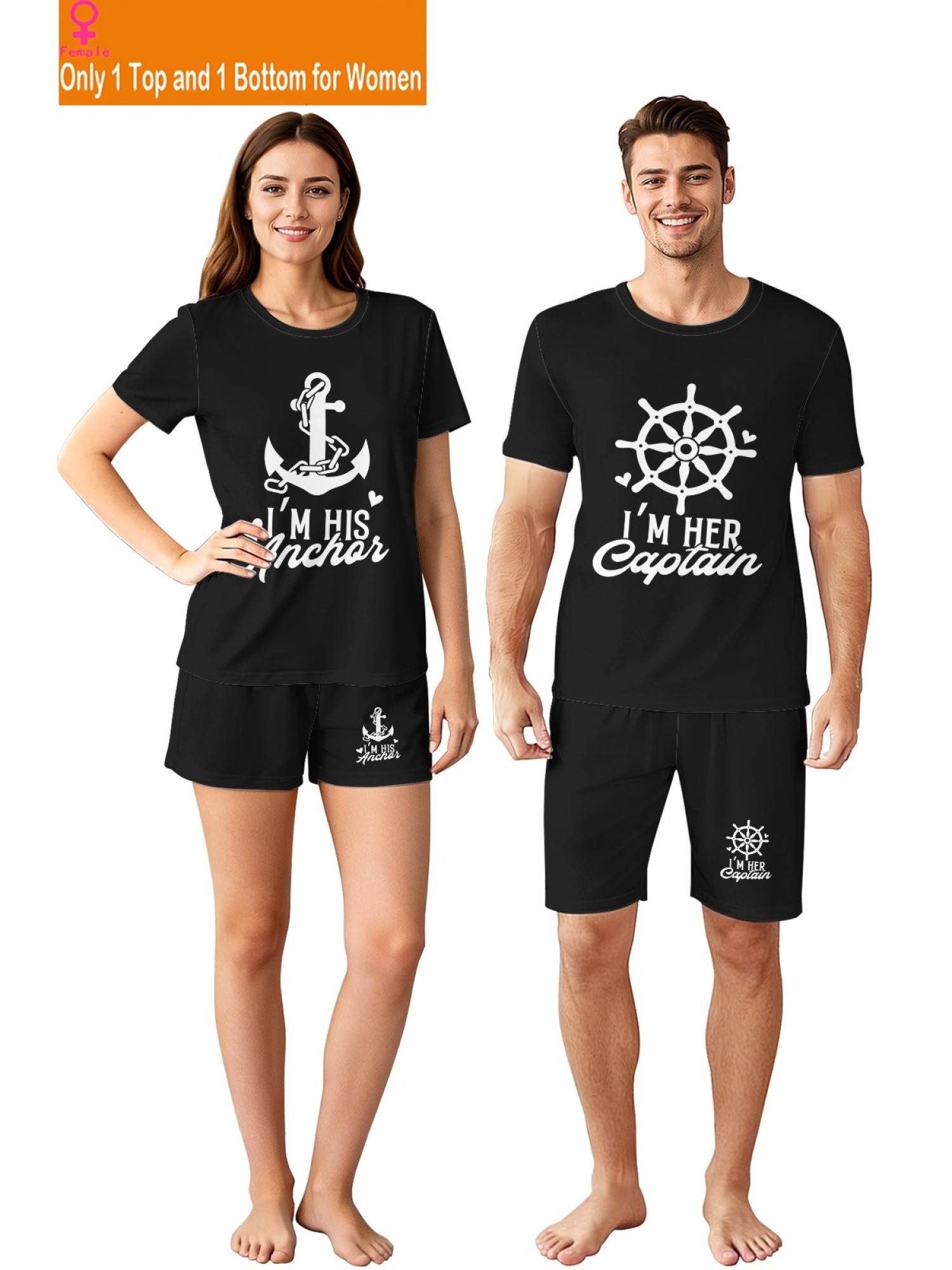 "I'm Her Captain & I'm His Anchor" Matching Couple's Summer T-Shirt and Shorts Set
