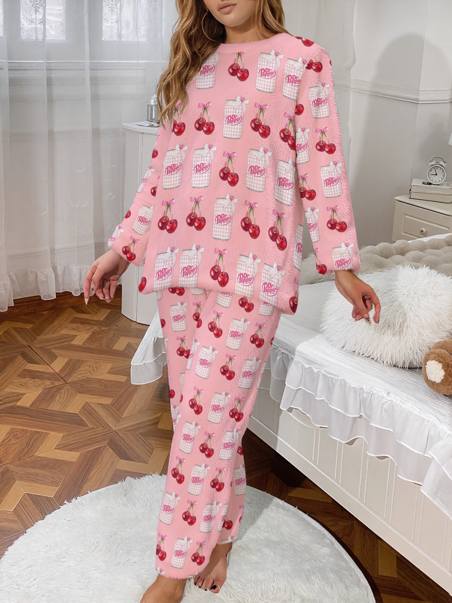 Winter Women's Flannel Fashion Home Wear Set - Classic Jar and Fun Cherry Print - Casual Trendy Creative Pajama Set, Versatile for Everyday Wear, Sports, Travel, and Parties