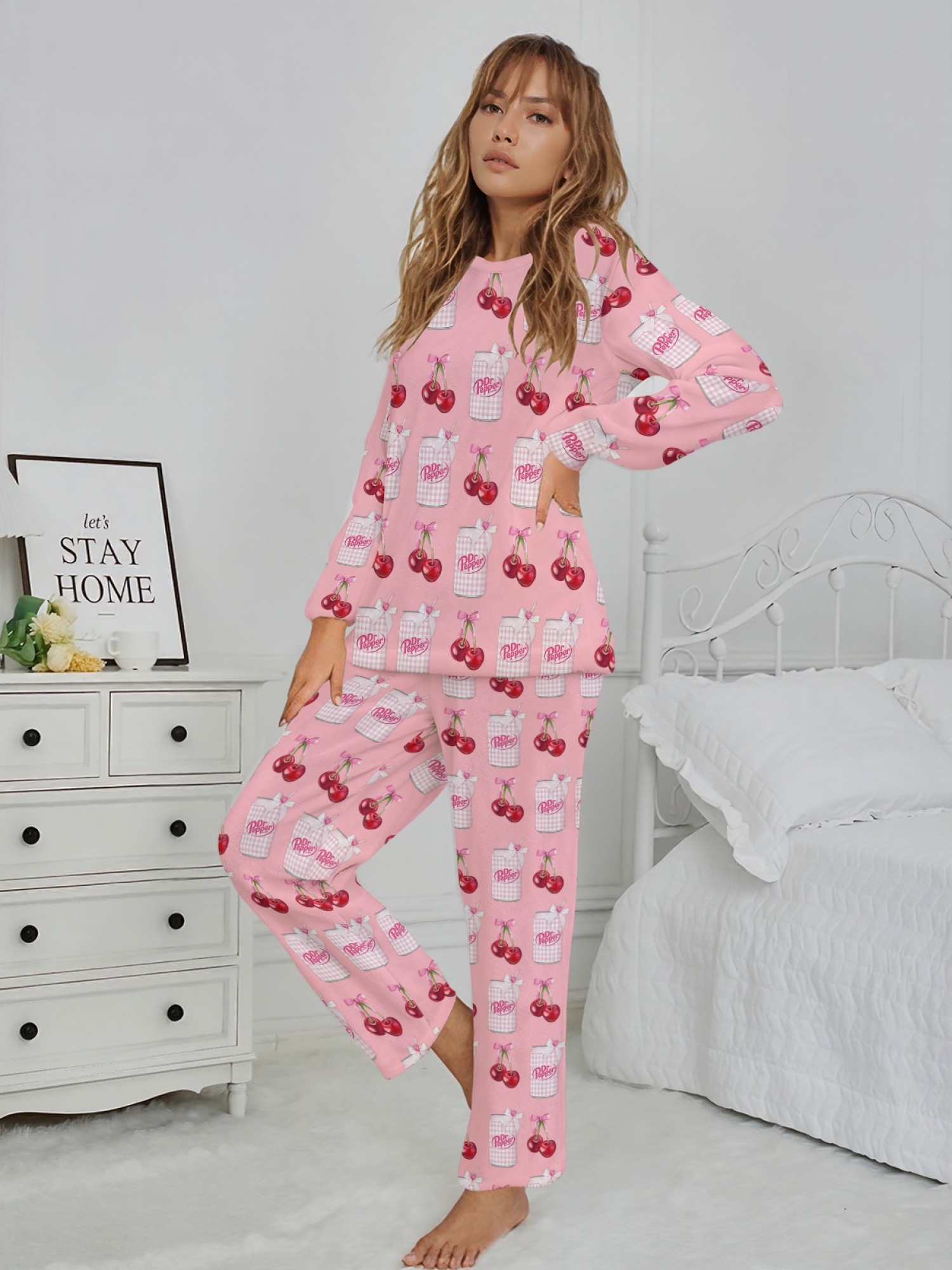 Winter Women's Flannel Fashion Home Wear Set - Classic Jar and Fun Cherry Print - Casual Trendy Creative Pajama Set, Versatile for Everyday Wear, Sports, Travel, and Parties