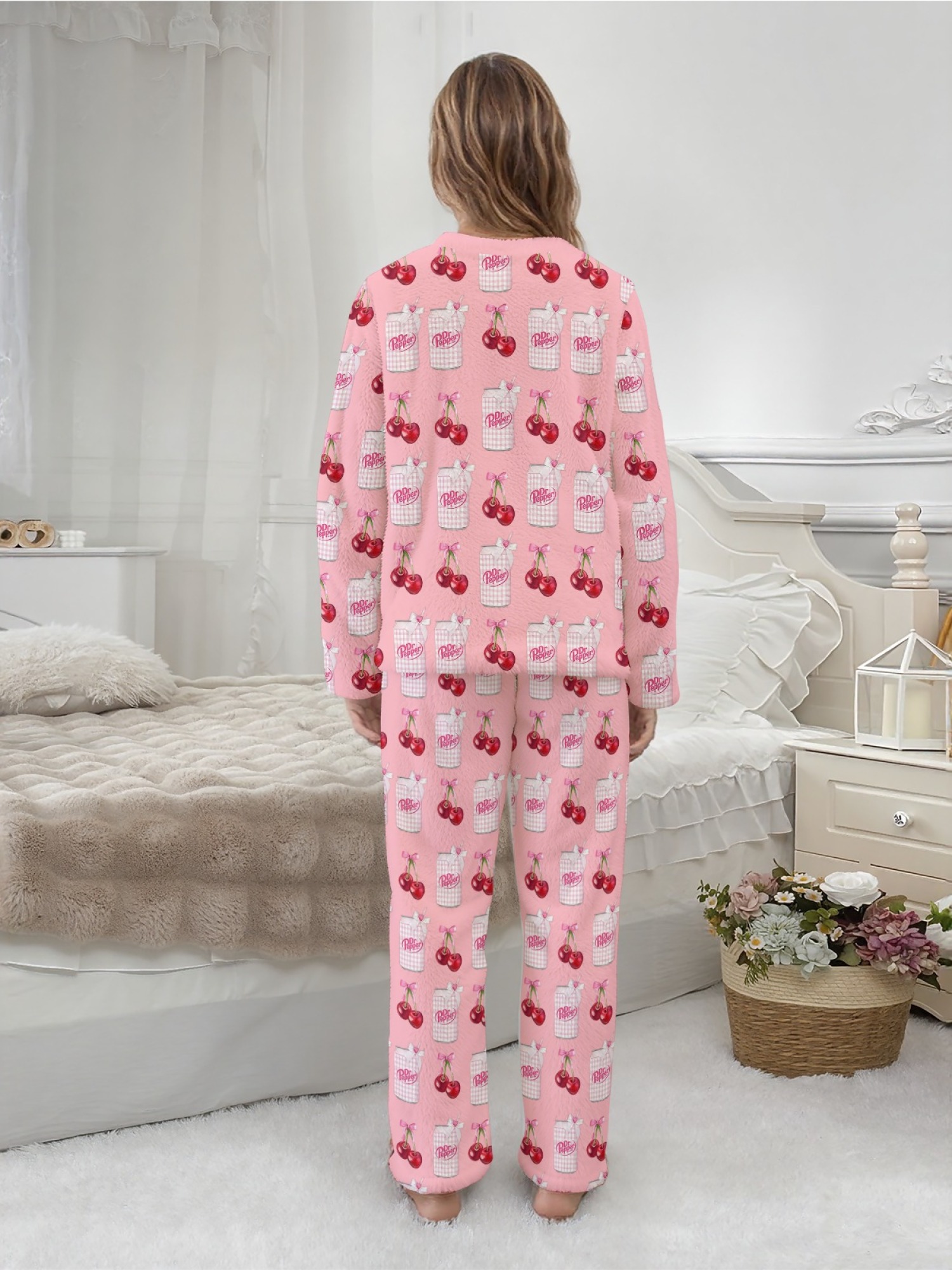 Winter Women's Flannel Fashion Home Wear Set - Classic Jar and Fun Cherry Print - Casual Trendy Creative Pajama Set, Versatile for Everyday Wear, Sports, Travel, and Parties