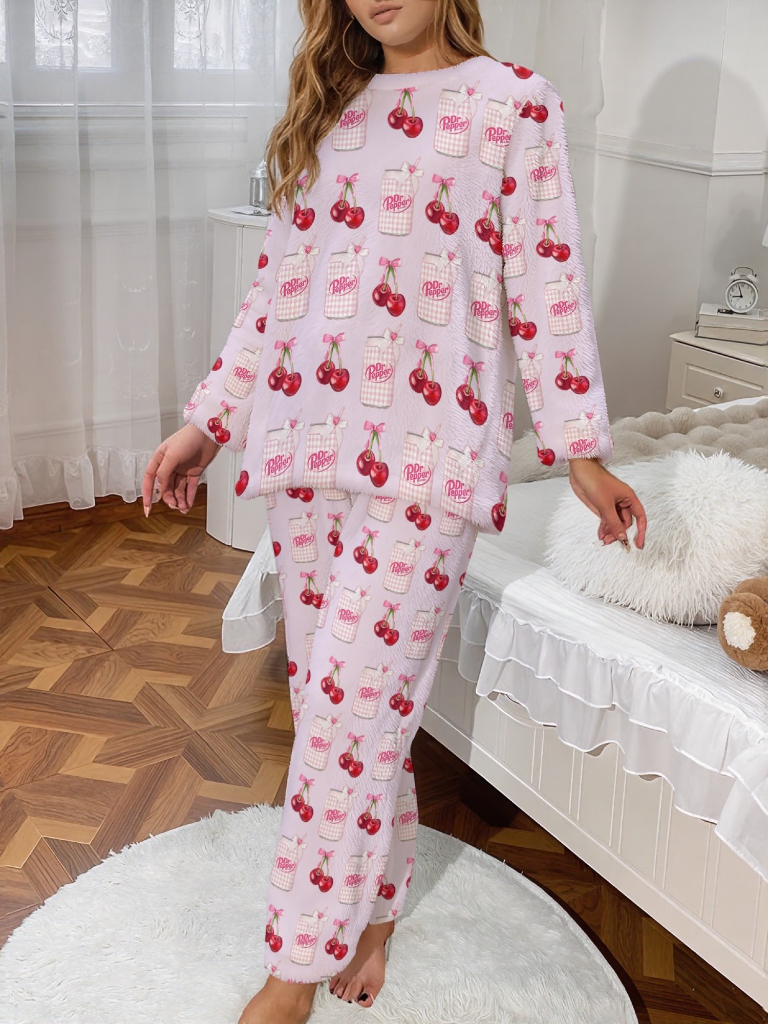 Winter Women's Flannel Fashion Home Wear Set - Classic Jar and Fun Cherry Print - Casual Trendy Creative Pajama Set, Versatile for Everyday Wear, Sports, Travel, and Parties