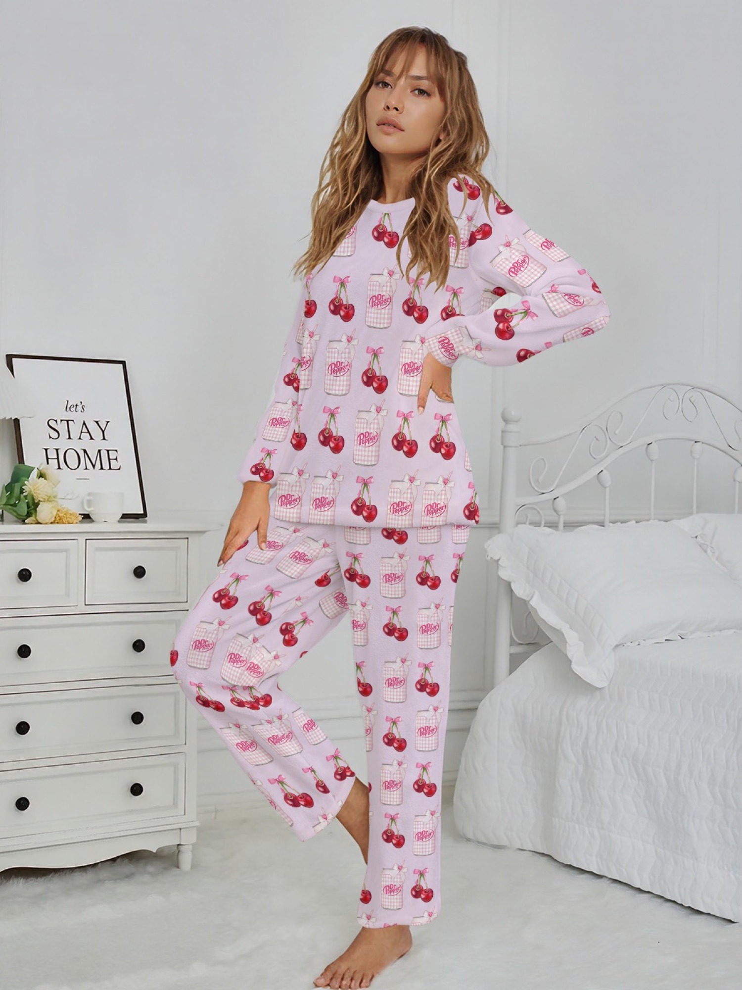 Winter Women's Flannel Fashion Home Wear Set - Classic Jar and Fun Cherry Print - Casual Trendy Creative Pajama Set, Versatile for Everyday Wear, Sports, Travel, and Parties