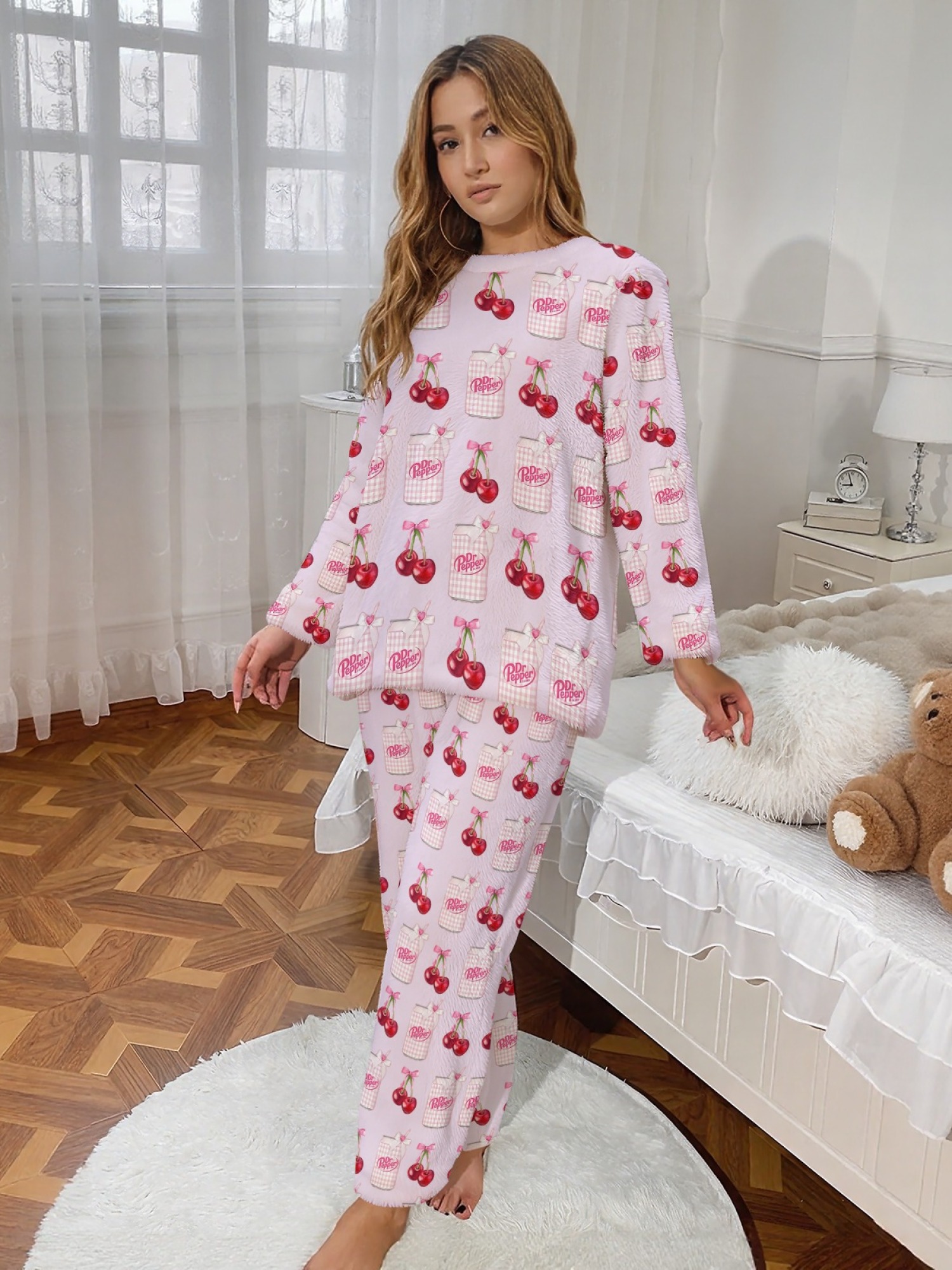 Winter Women's Flannel Fashion Home Wear Set - Classic Jar and Fun Cherry Print - Casual Trendy Creative Pajama Set, Versatile for Everyday Wear, Sports, Travel, and Parties