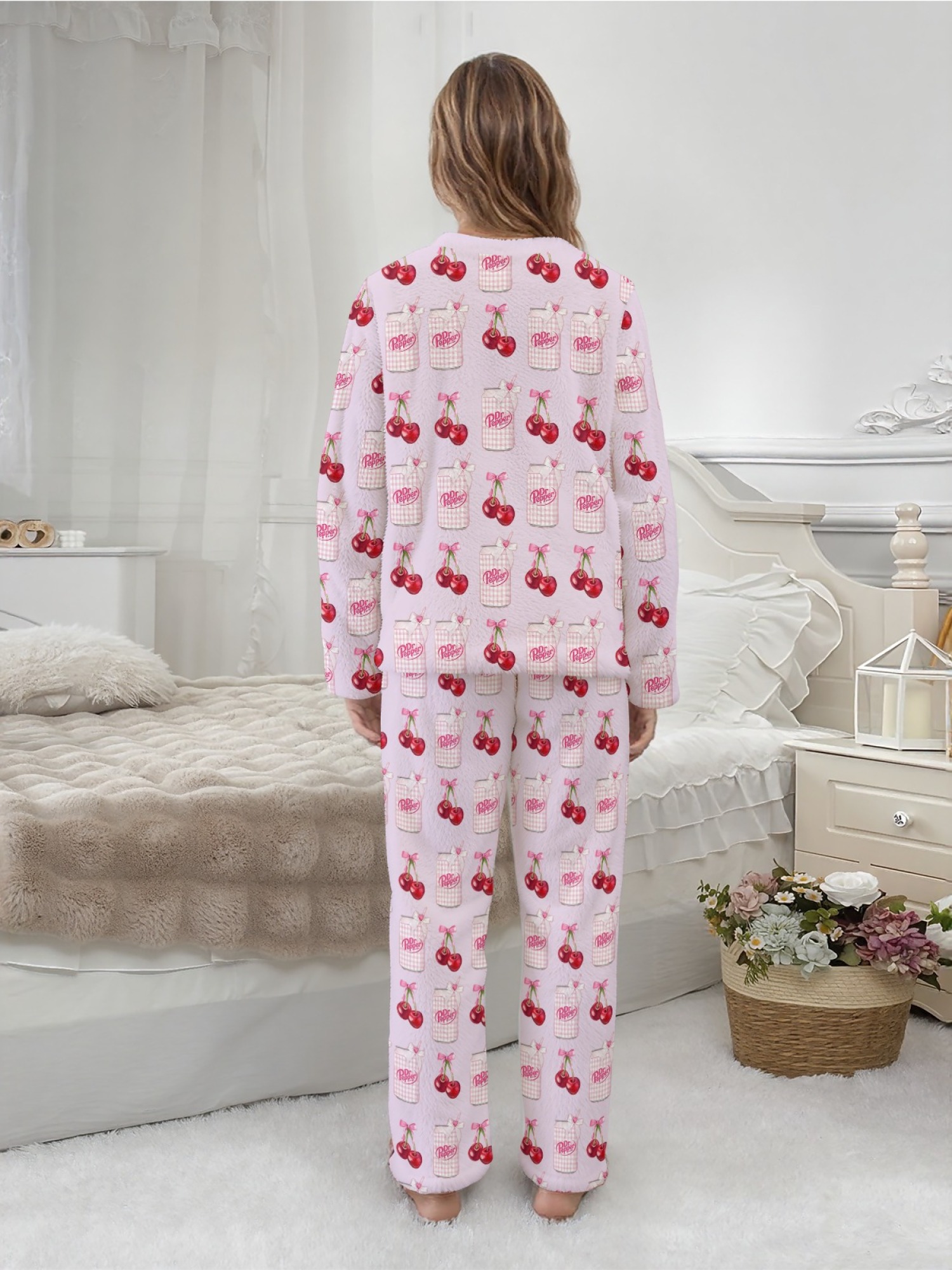 Winter Women's Flannel Fashion Home Wear Set - Classic Jar and Fun Cherry Print - Casual Trendy Creative Pajama Set, Versatile for Everyday Wear, Sports, Travel, and Parties