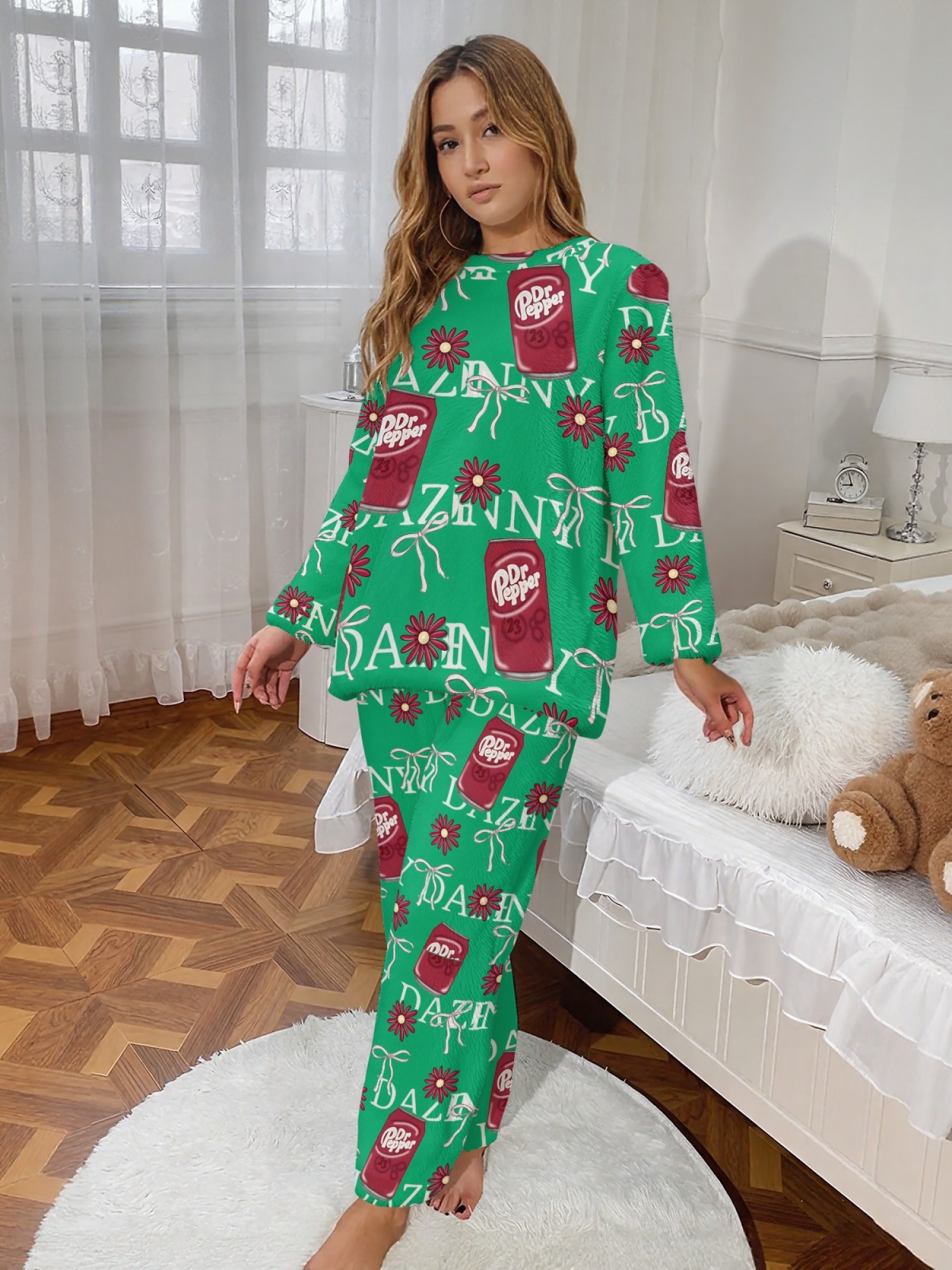 Winter Women's Flannel Fashion Home Wear Set - Classic Jar and Fun Cherry Print - Casual Trendy Creative Pajama Set, Versatile for Everyday Wear, Sports, Travel, and Parties
