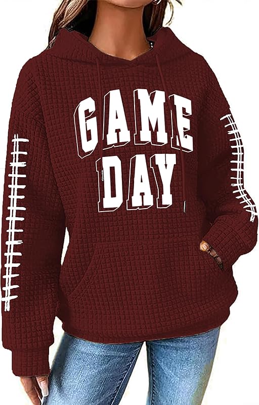 NEWWEN Game Day Sweatshirt Women Football Graphic Shirt Football Mom Waffle Knit Hoodie Game Day Long Sleeve Pullover Tops