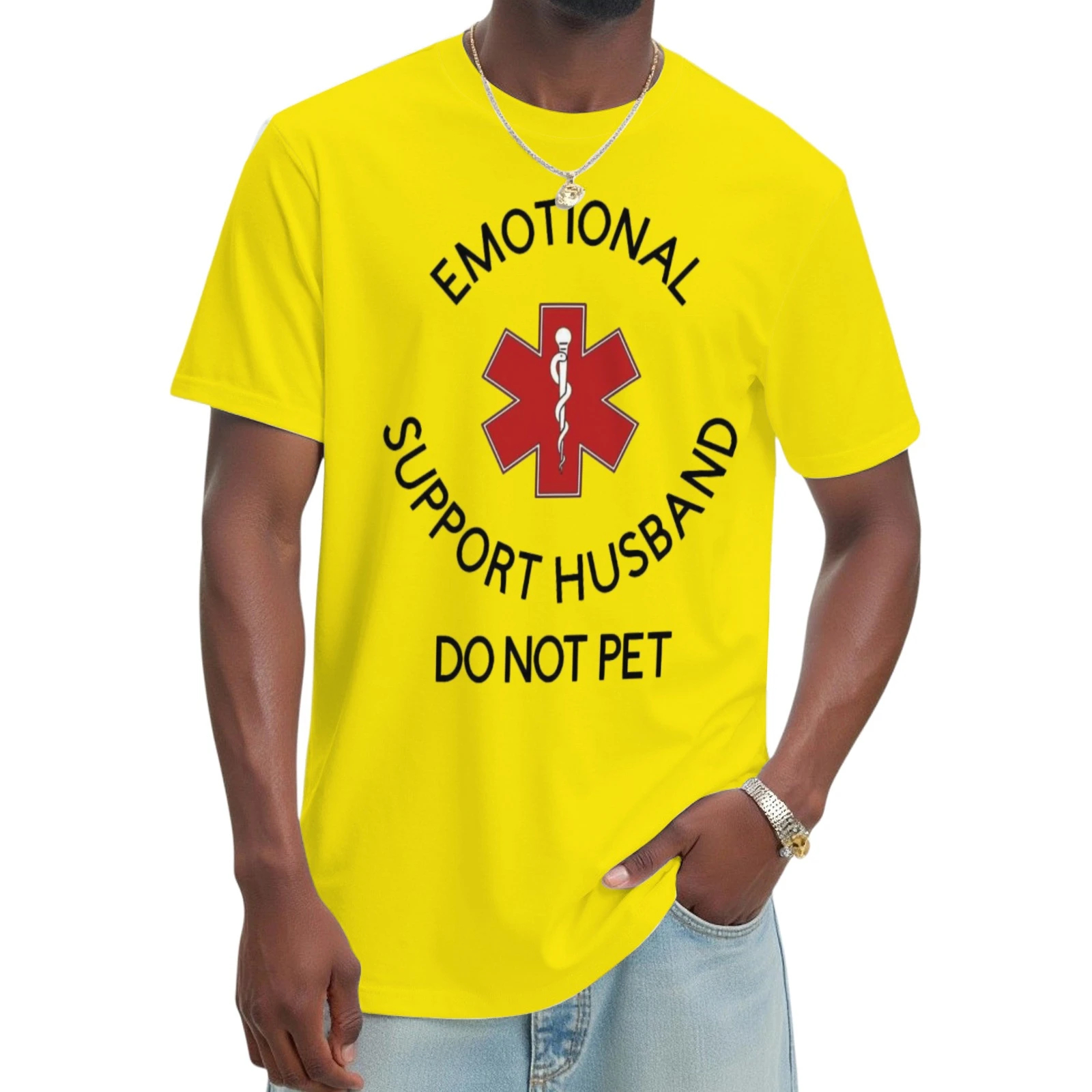 "Emotional Support Husband - Do Not Pet" Graphic T - Shirt | Humorous, Breathable Couple Tee - White