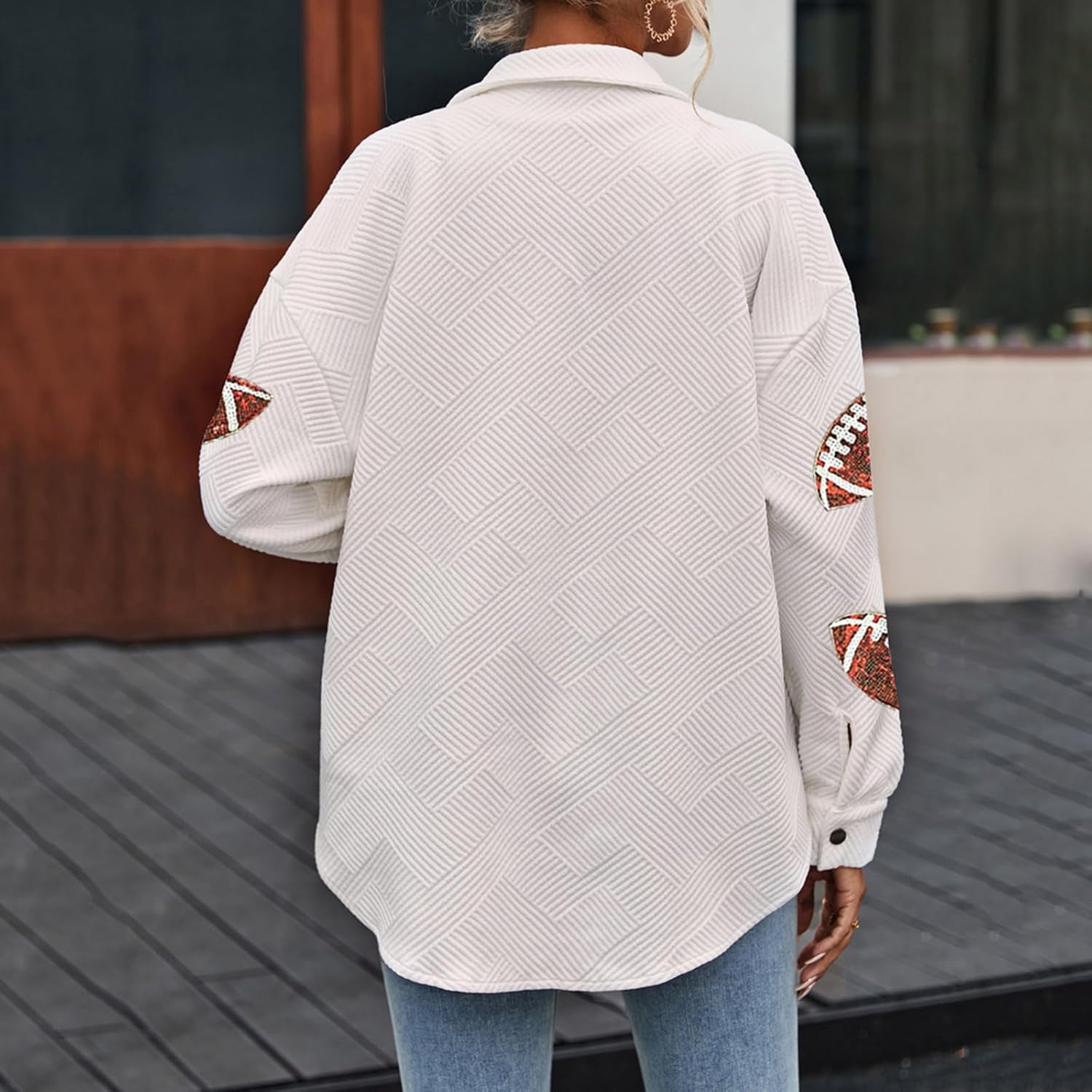 Corduroy Sequin Jackets Button Down Coat for Women Cotton White Football Patchwork Stylish Rugby Game Day Coat