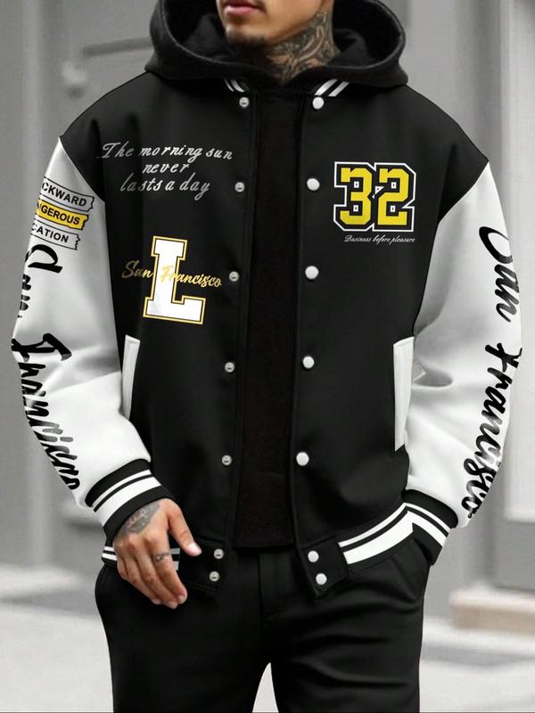 Men's Baseball Jacket Colorblock Letter Print Long Sleeve Fitted Pilot Coat, Preppy Style Winter Knit Outerwear, Casual Daily Wear