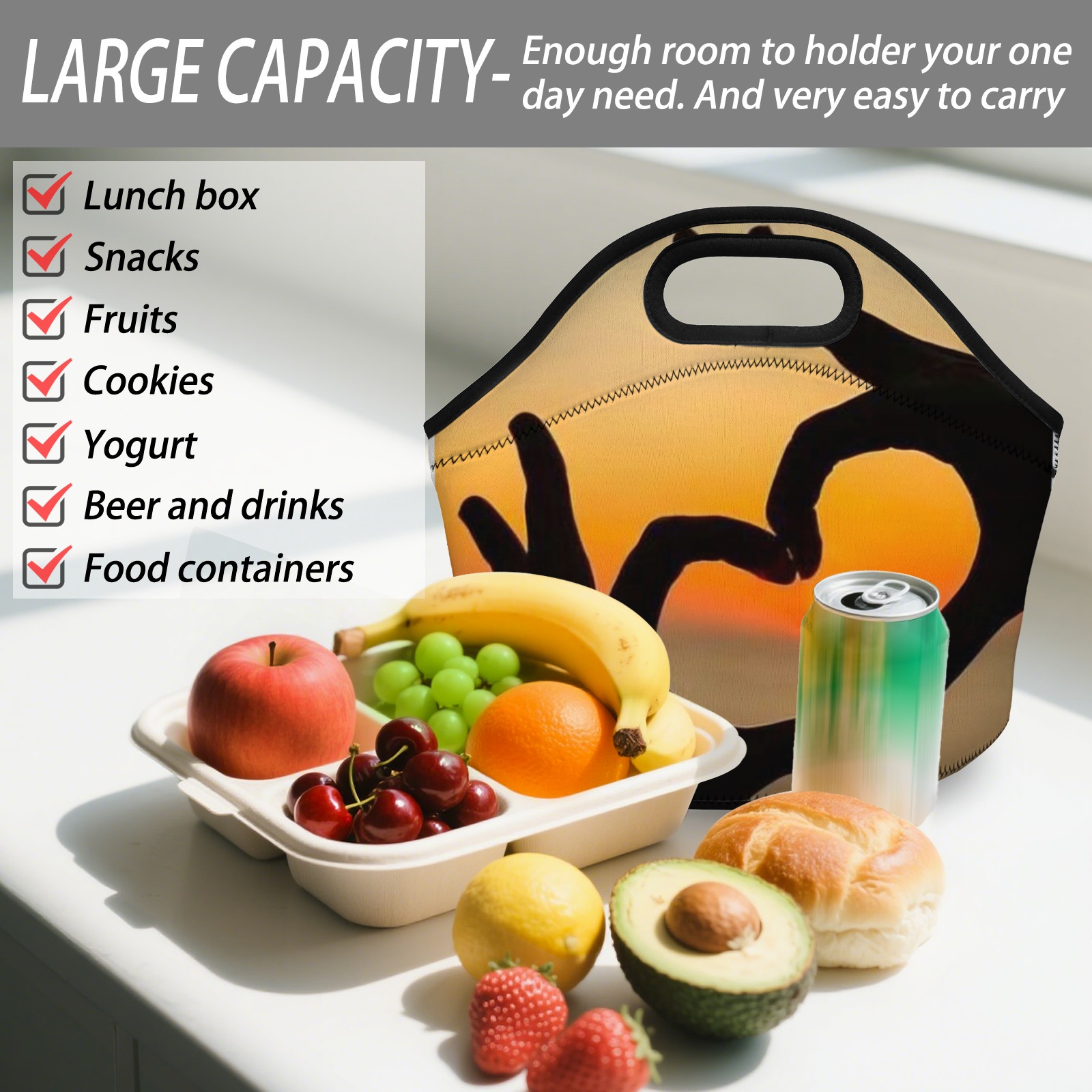 Sunset Heart - Hand Graphic Neoprene Lunch Bag - Insulated Tote for Work & Picnics